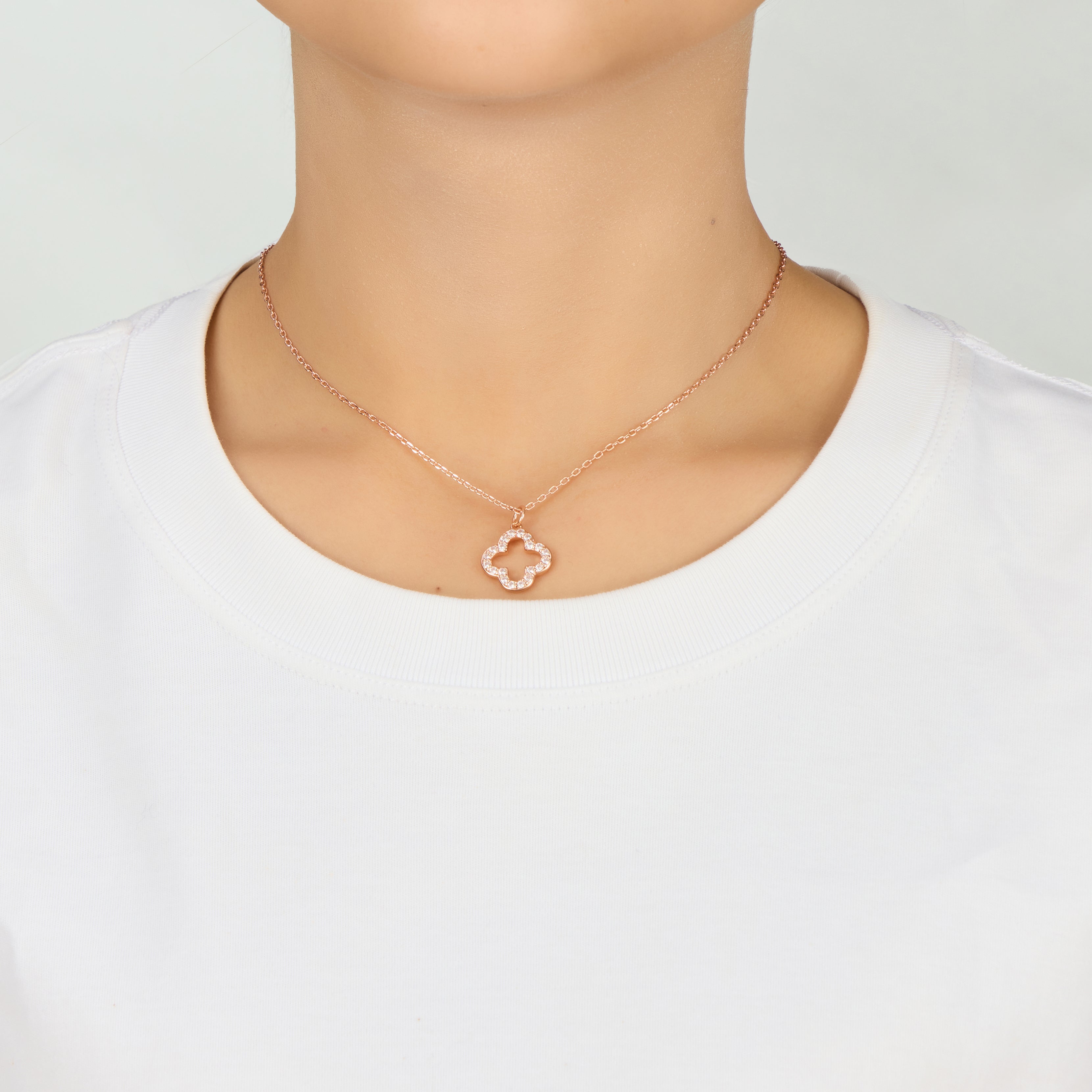 Rose Gold Plated Clover Necklace Created with Zircondia® Crystals