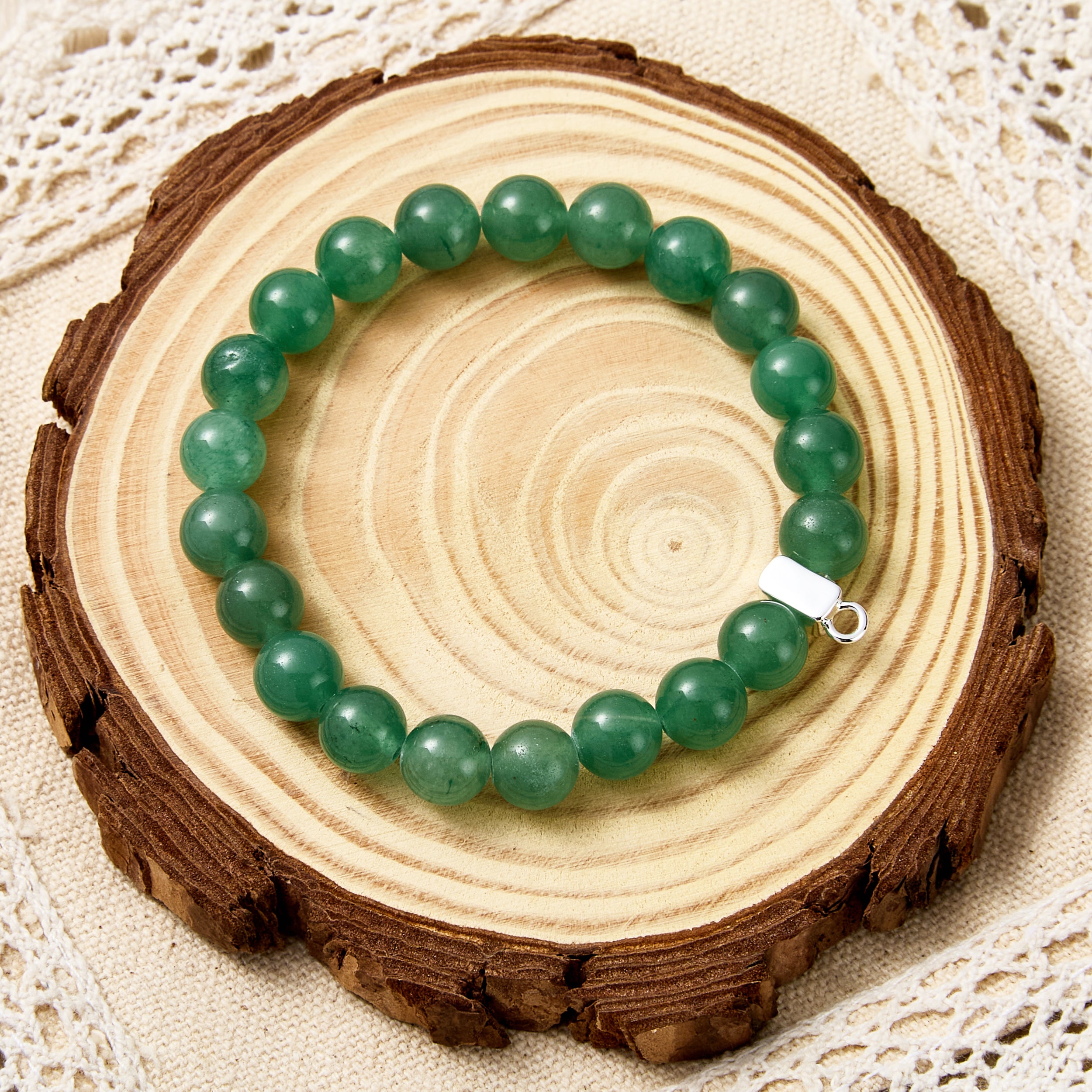 Green Aventurine Gemstone Stretch Bracelet with Charm Created with Zircondia® Crystals