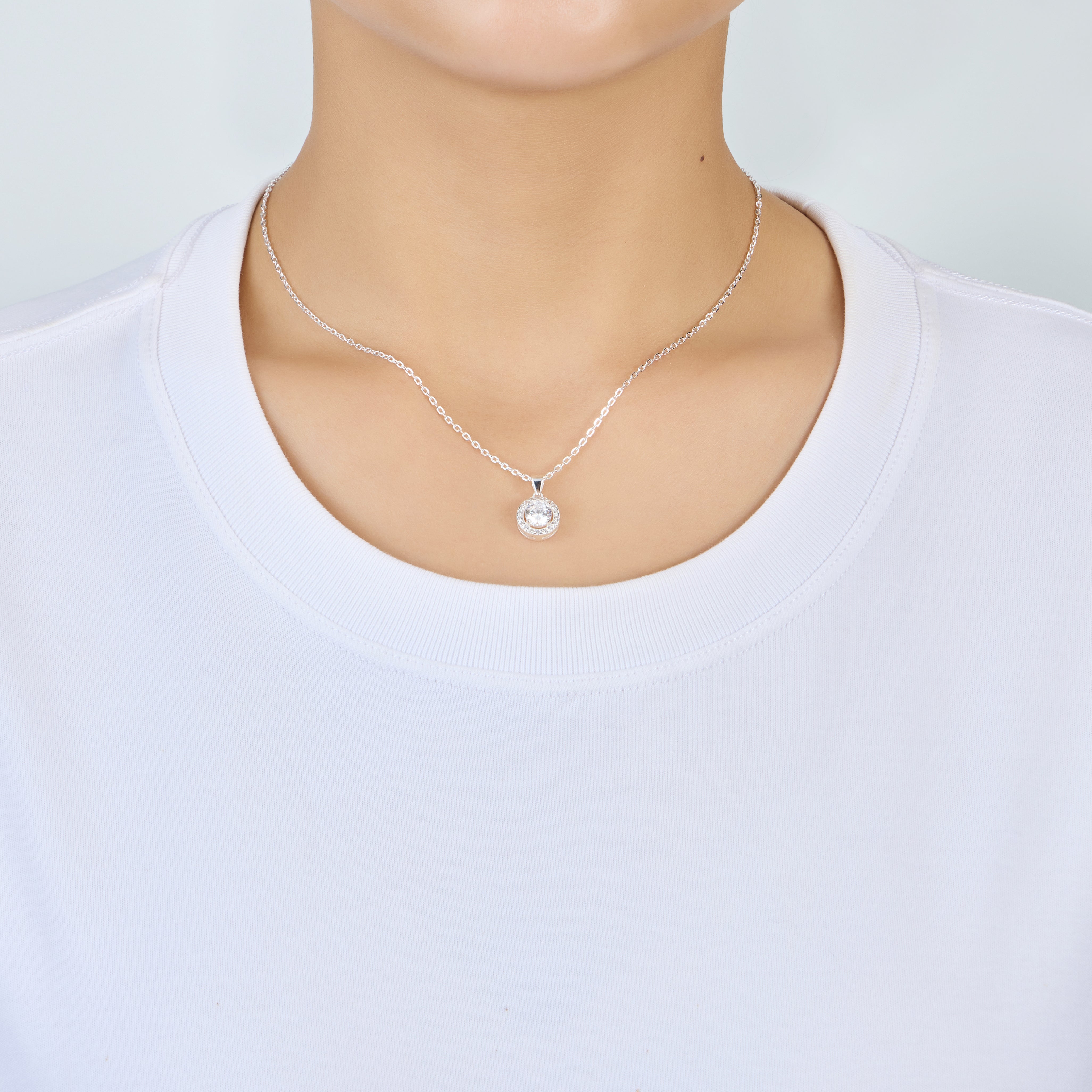 Sterling Silver Halo Necklace Created with Zircondia® Crystals