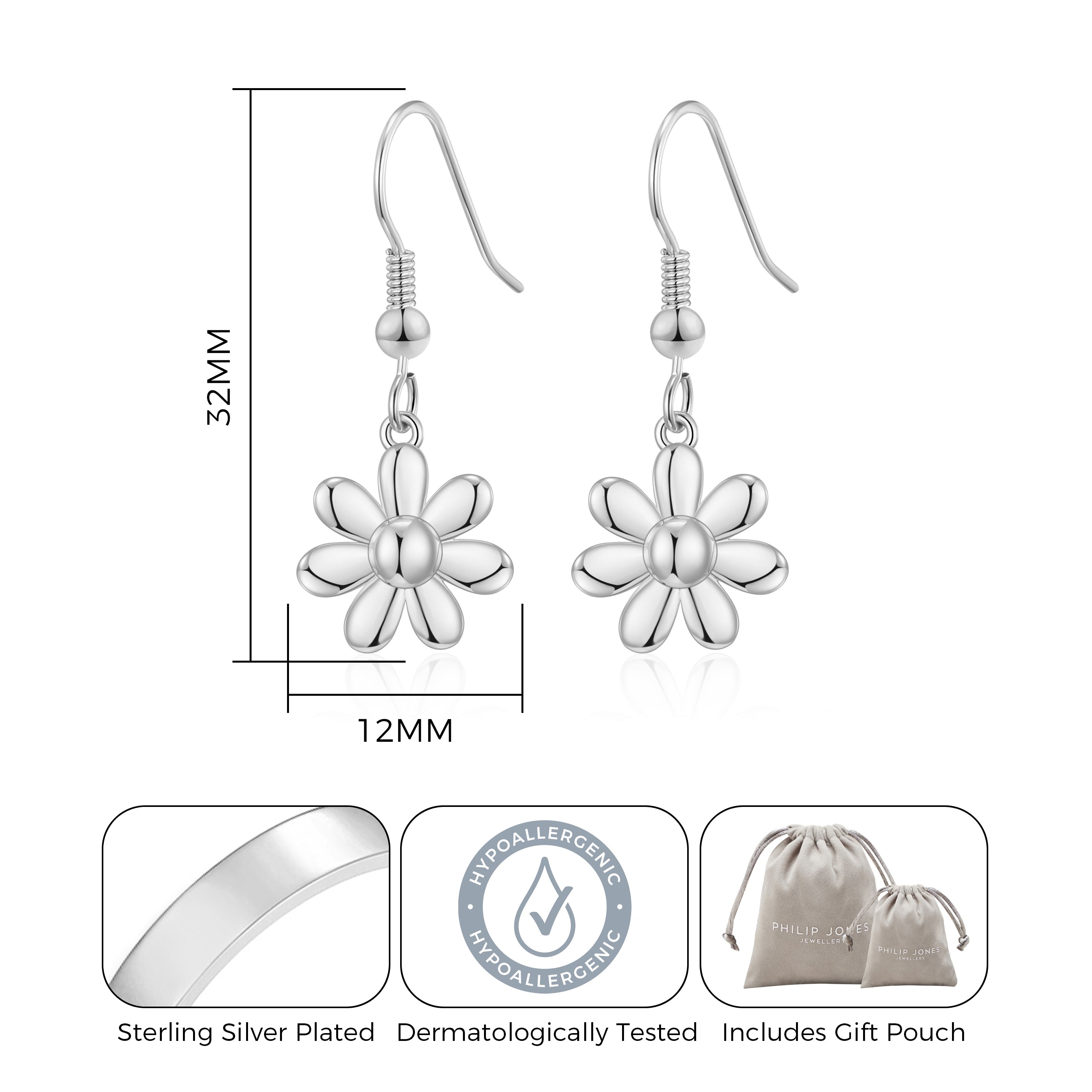 Silver Plated Daisy Drop Earrings