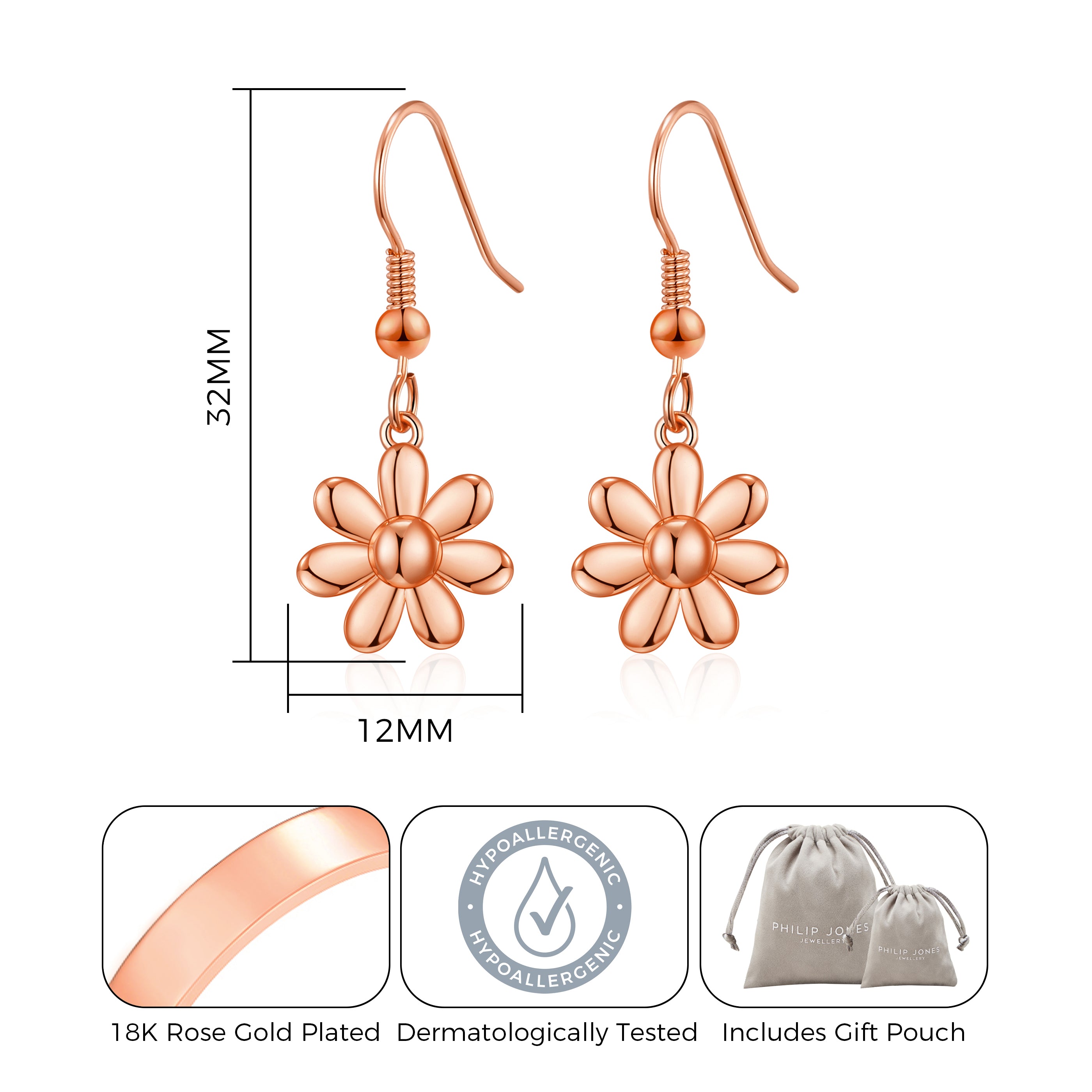 Rose Gold Plated Daisy Drop Earrings