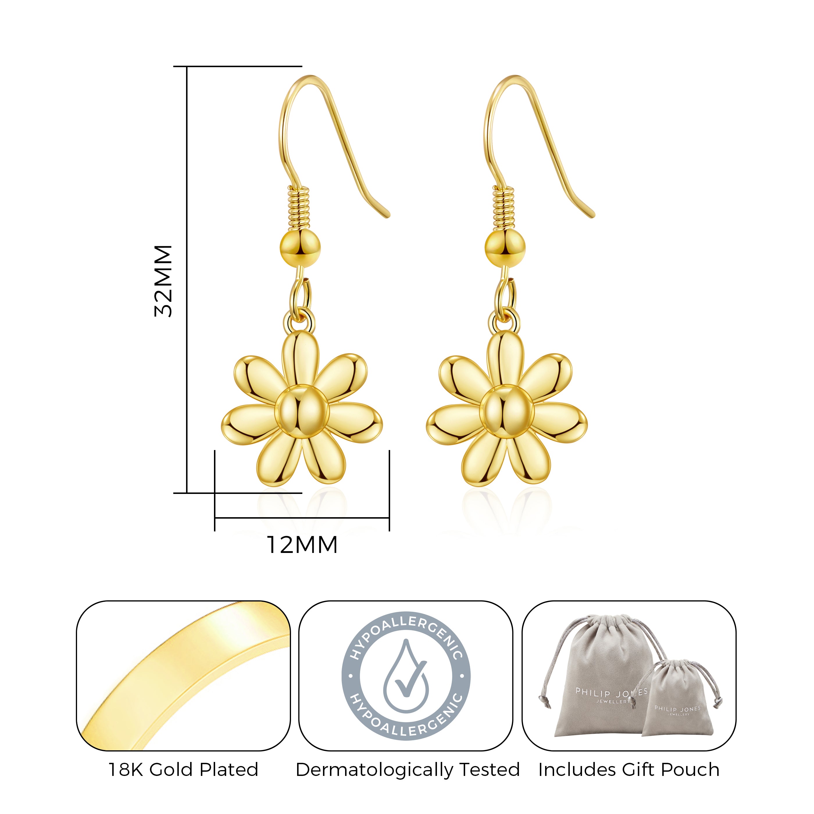 Gold Plated Daisy Drop Earrings