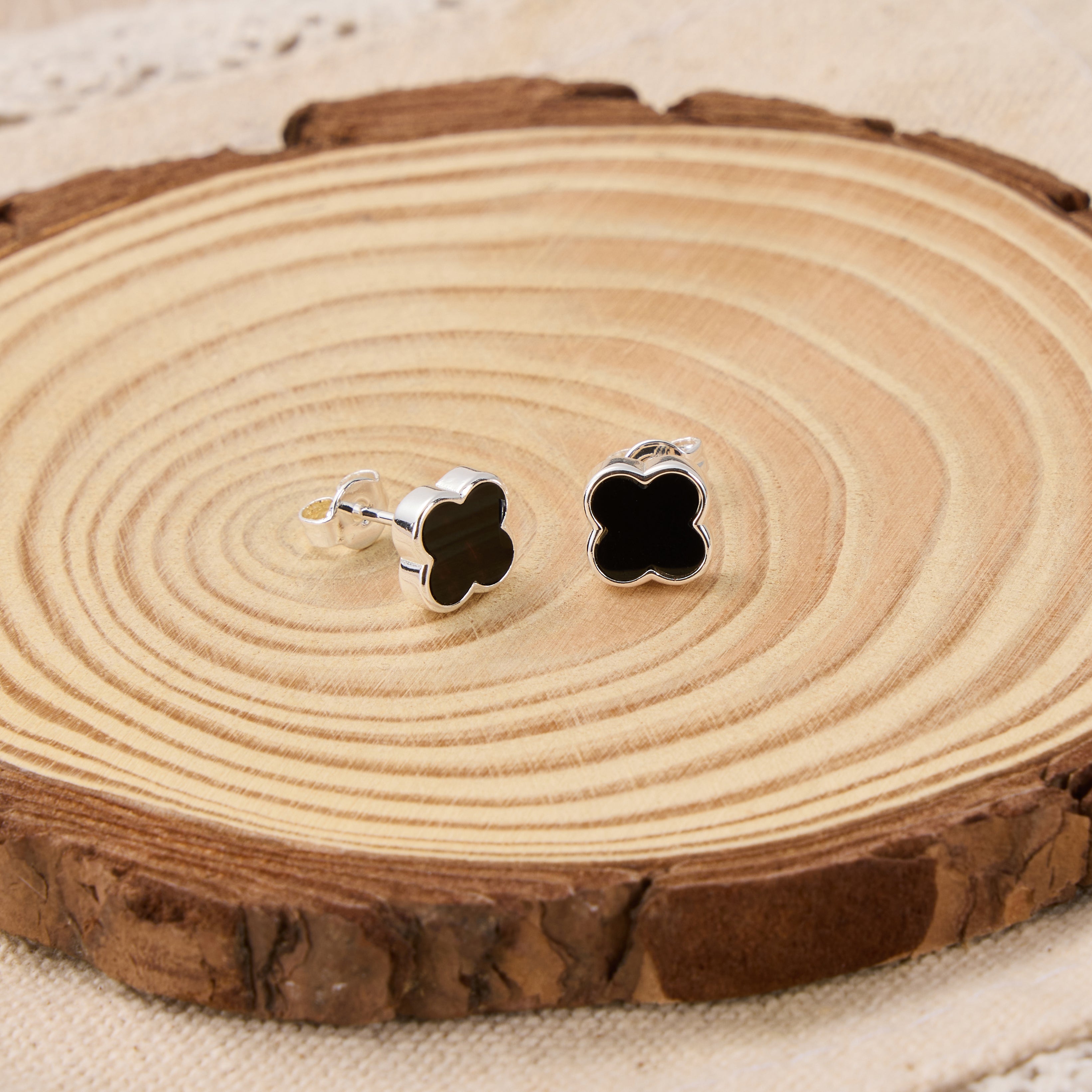 Black Onyx Gemstone Clover Earrings