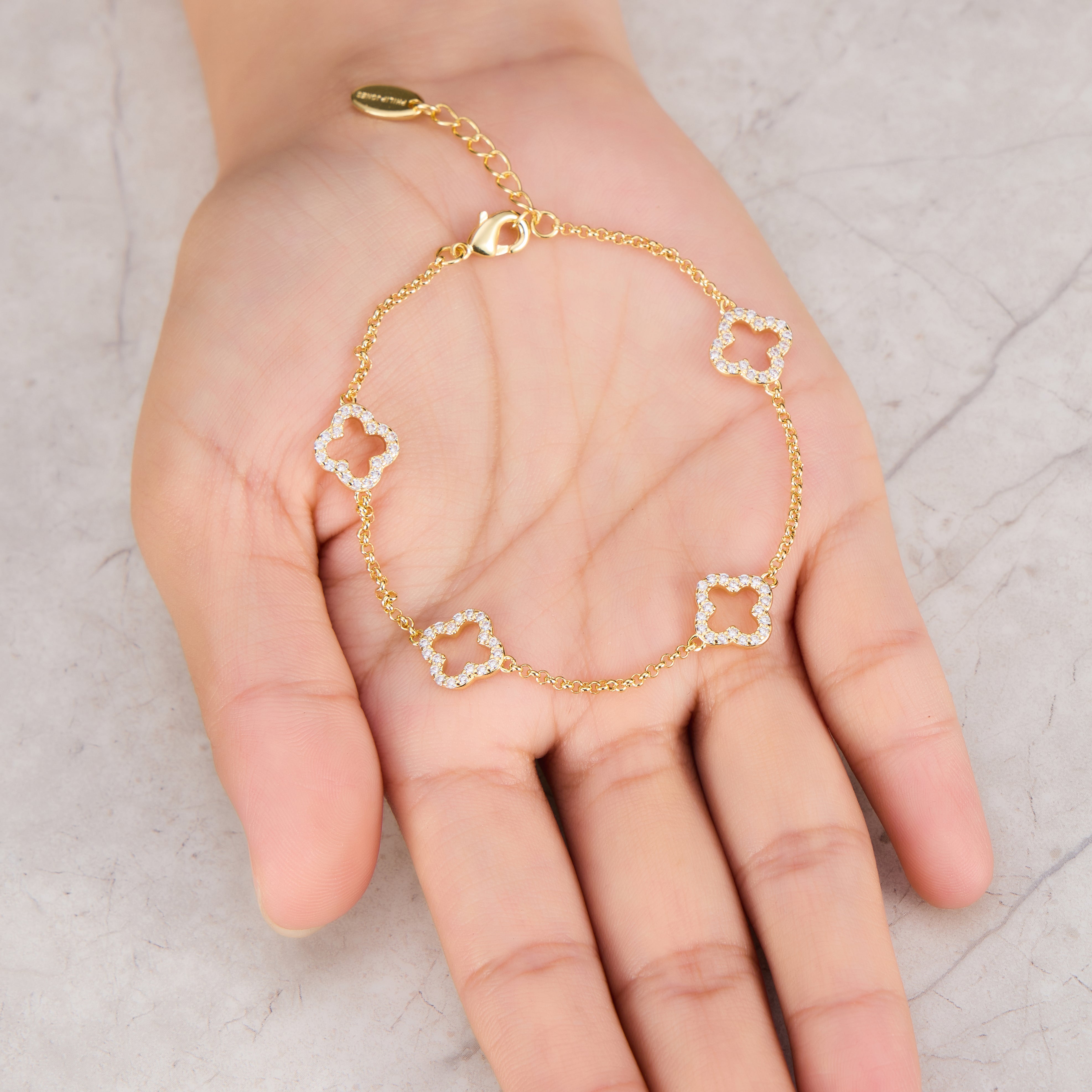 Gold Plated Clover Bracelet Created with Zircondia® Crystals