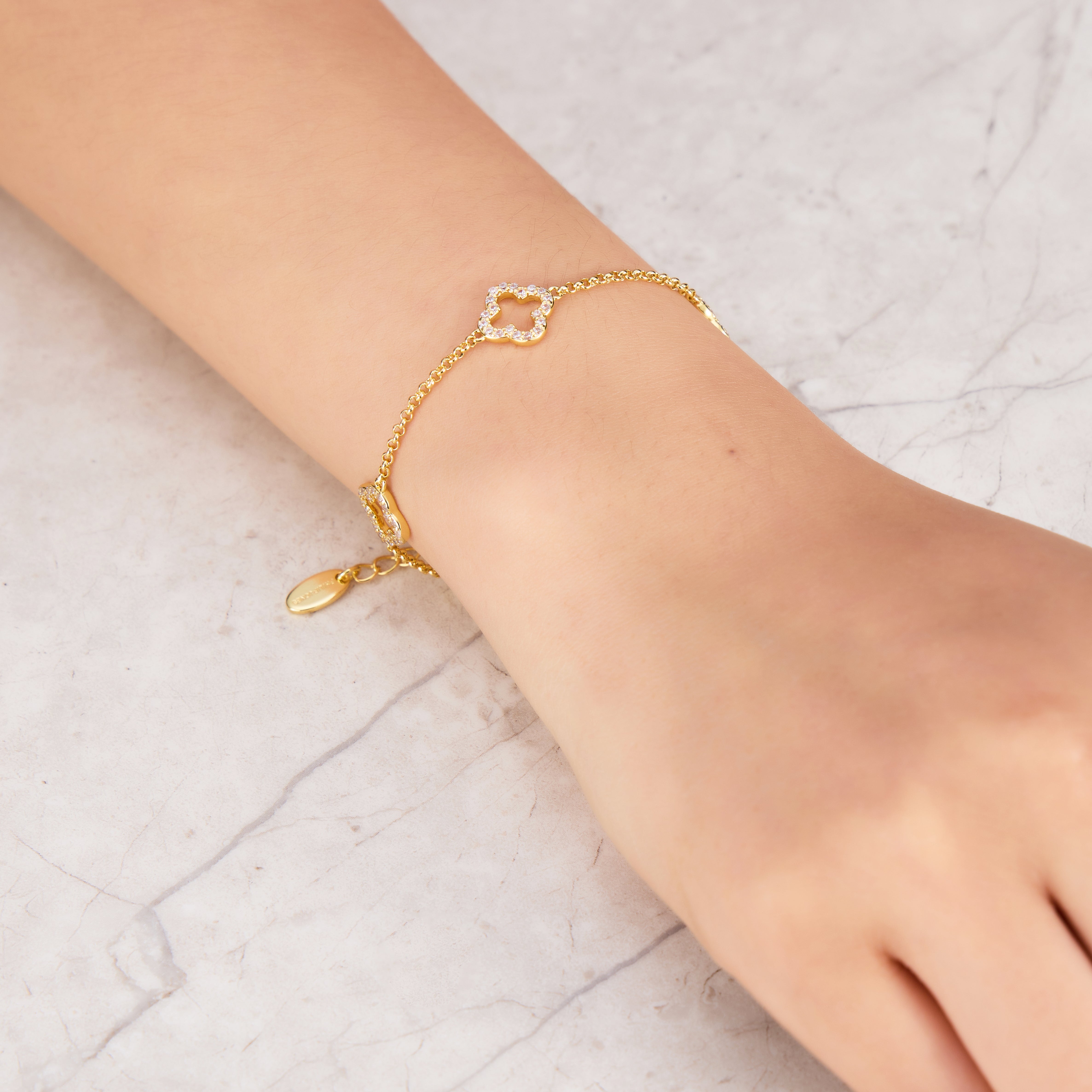 Gold Plated Clover Bracelet Created with Zircondia® Crystals