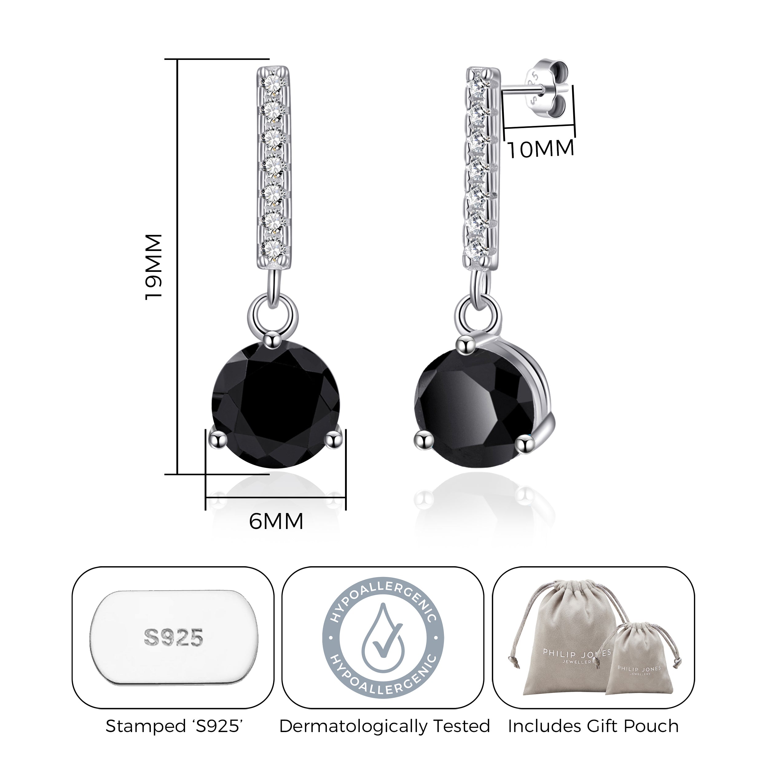 Sterling Silver Black Onyx Gemstone Drop Earrings