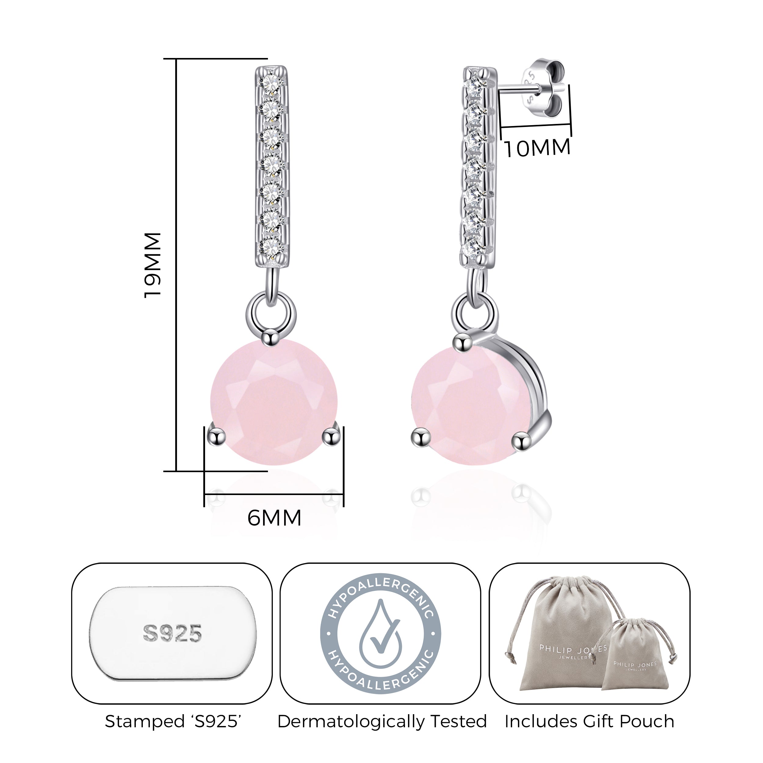 Sterling Silver Rose Quartz Gemstone Drop Earrings