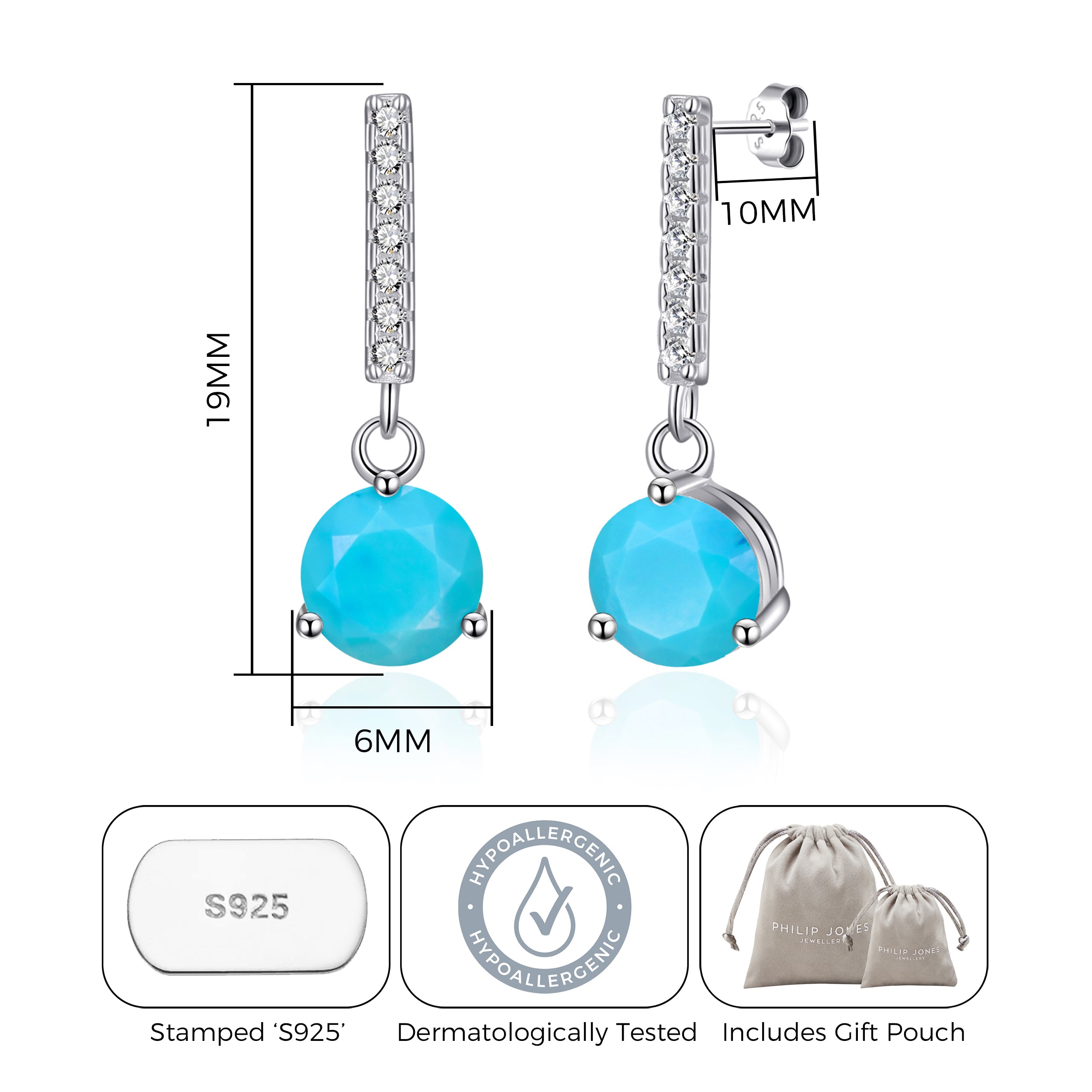 Sterling Silver Synthetic Turquoise Gemstone Drop Earrings