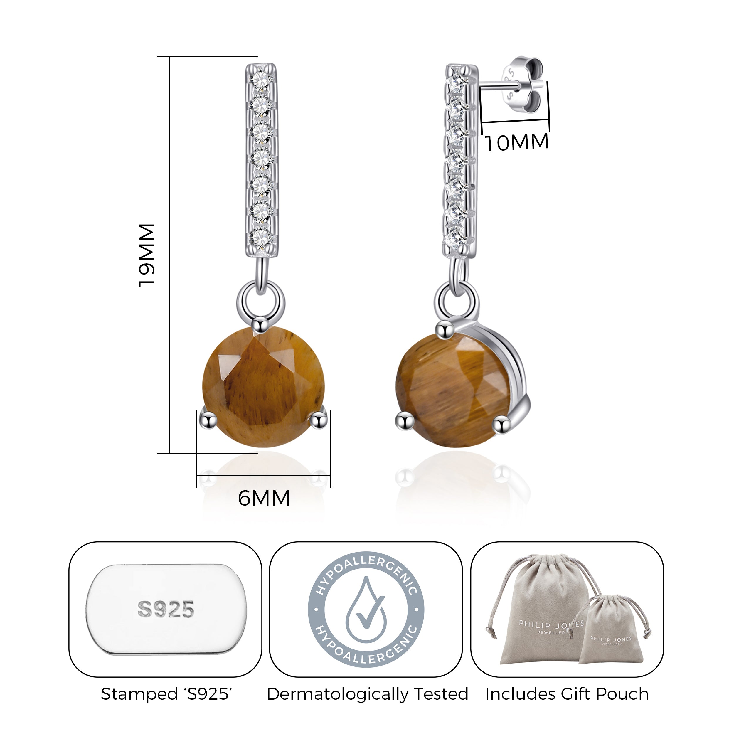 Sterling Silver Tigers Eye Gemstone Drop Earrings