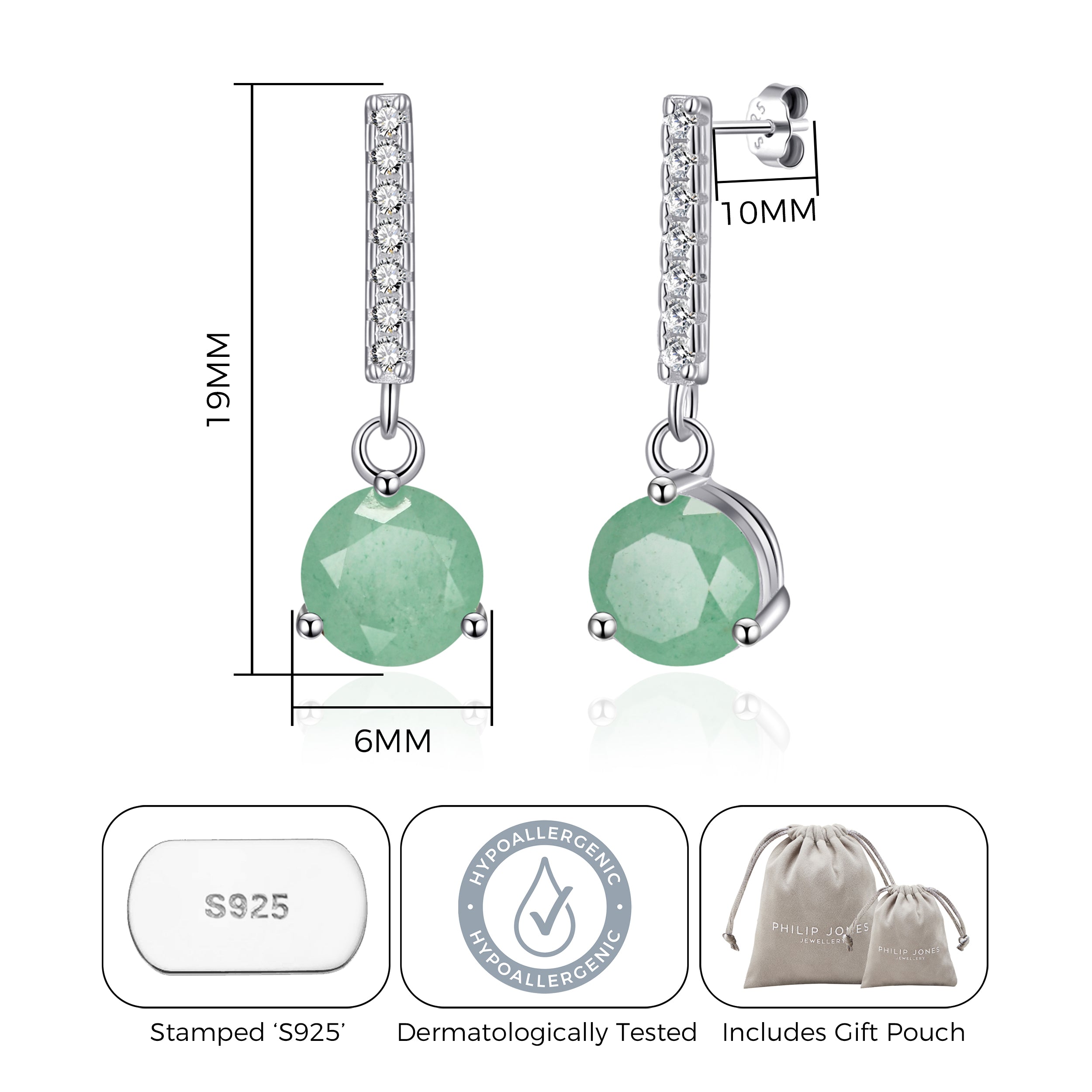 Sterling Silver Green Aventurine Gemstone Drop Earrings