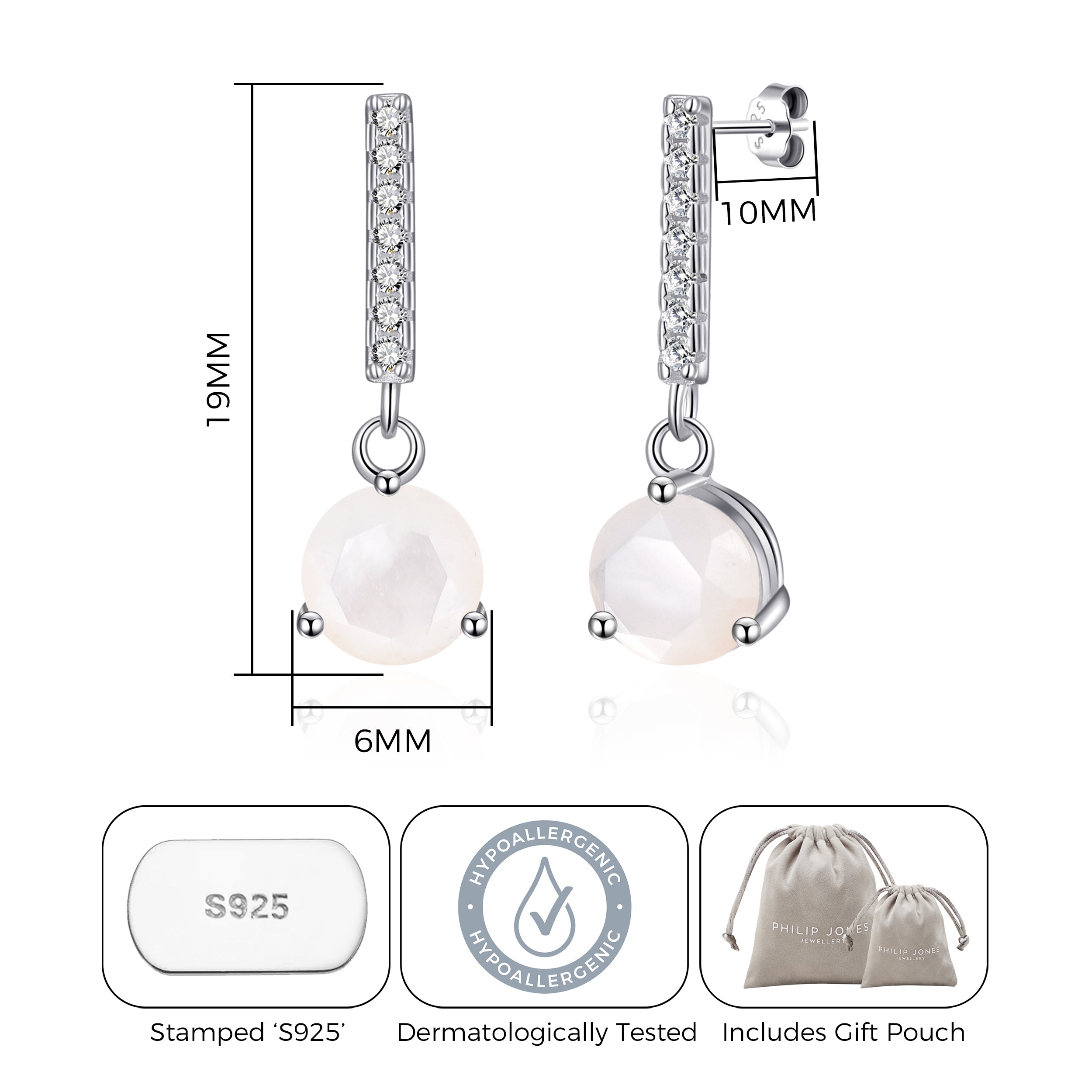 Sterling Silver Mother of Pearl Gemstone Drop Earrings