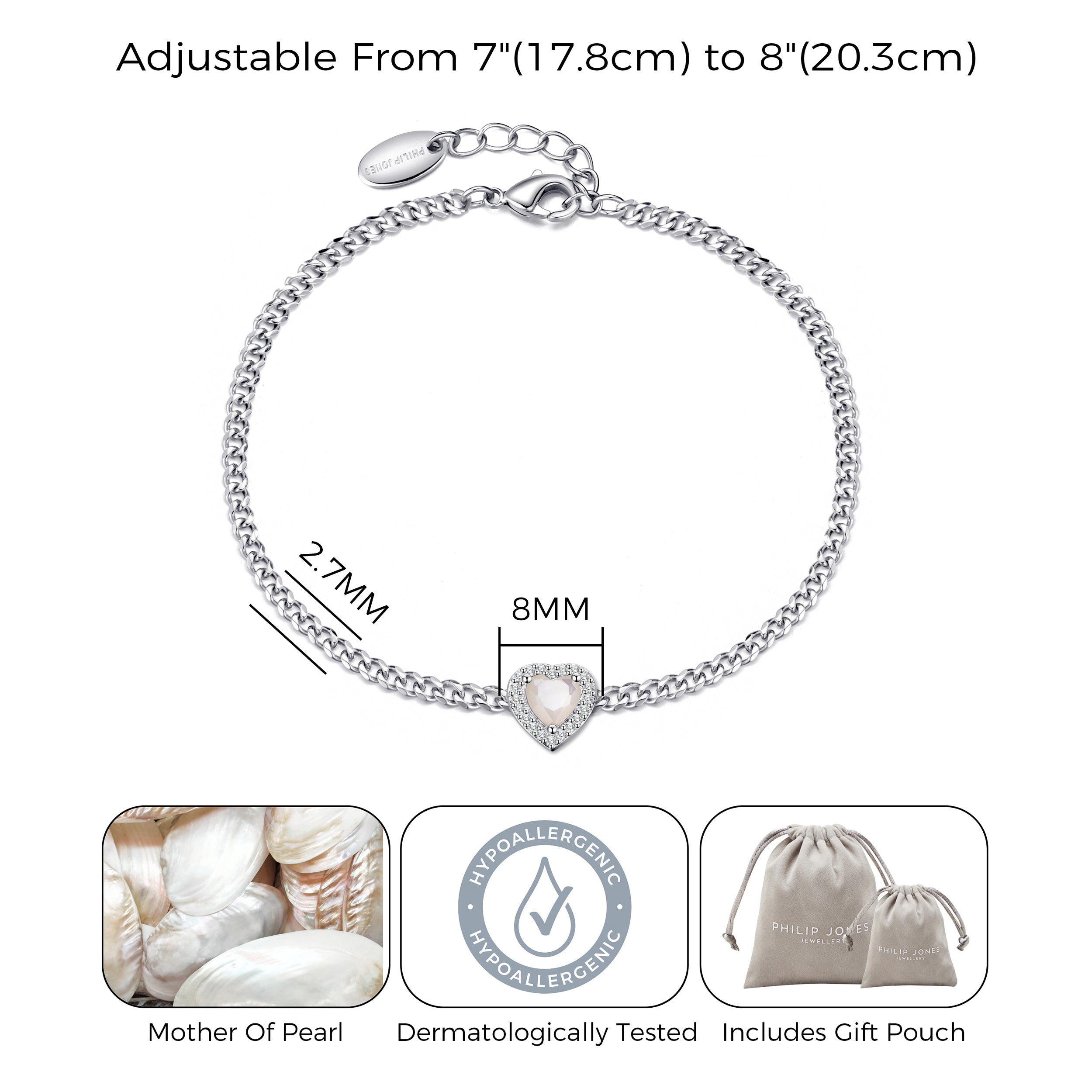 Mother Of Pearl Heart Gemstone Bracelet Created with Zircondia® Crystals