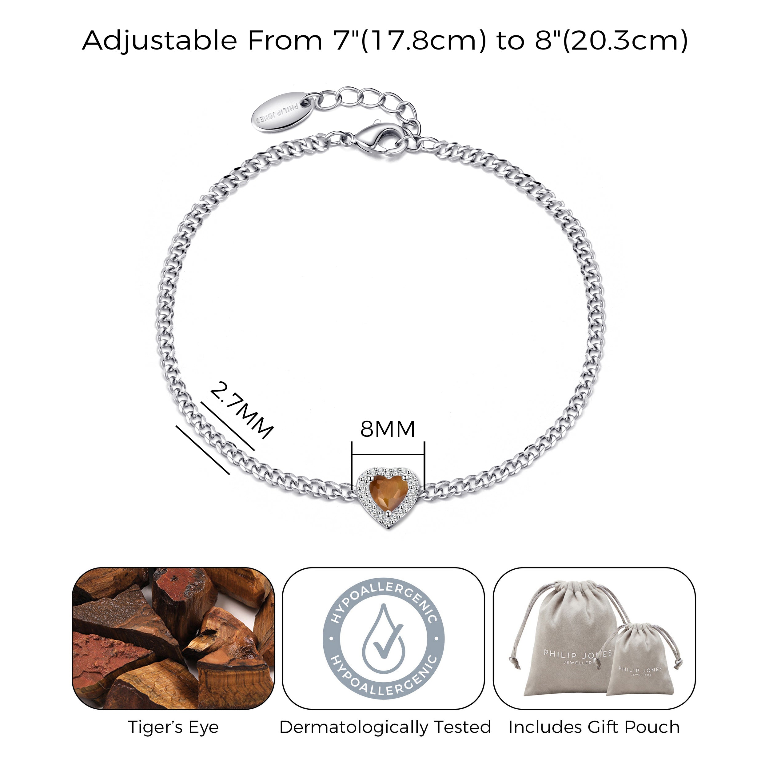 Tigers Eye Heart Gemstone Bracelet Created with Zircondia® Crystals