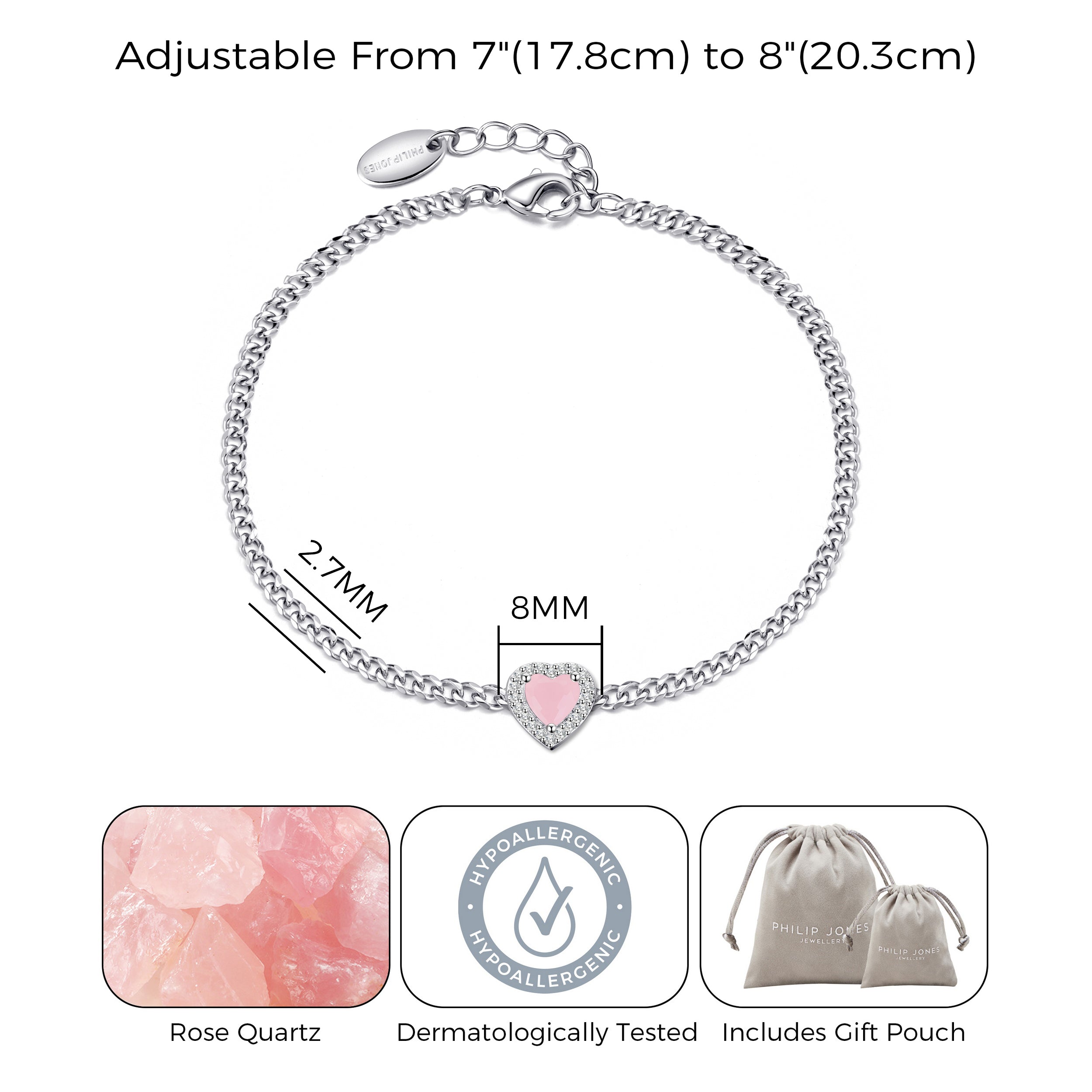 Rose Quartz Heart Gemstone Bracelet Created with Zircondia® Crystals