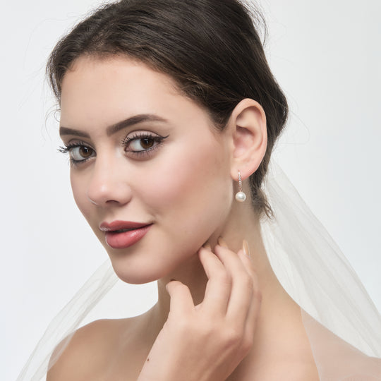 Rose Gold Plated Pearl Drop Bridal Earrings Created with Zircondia® Crystals