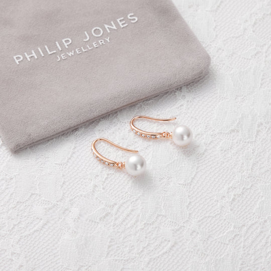 Rose Gold Plated Pearl Drop Bridal Earrings Created with Zircondia® Crystals