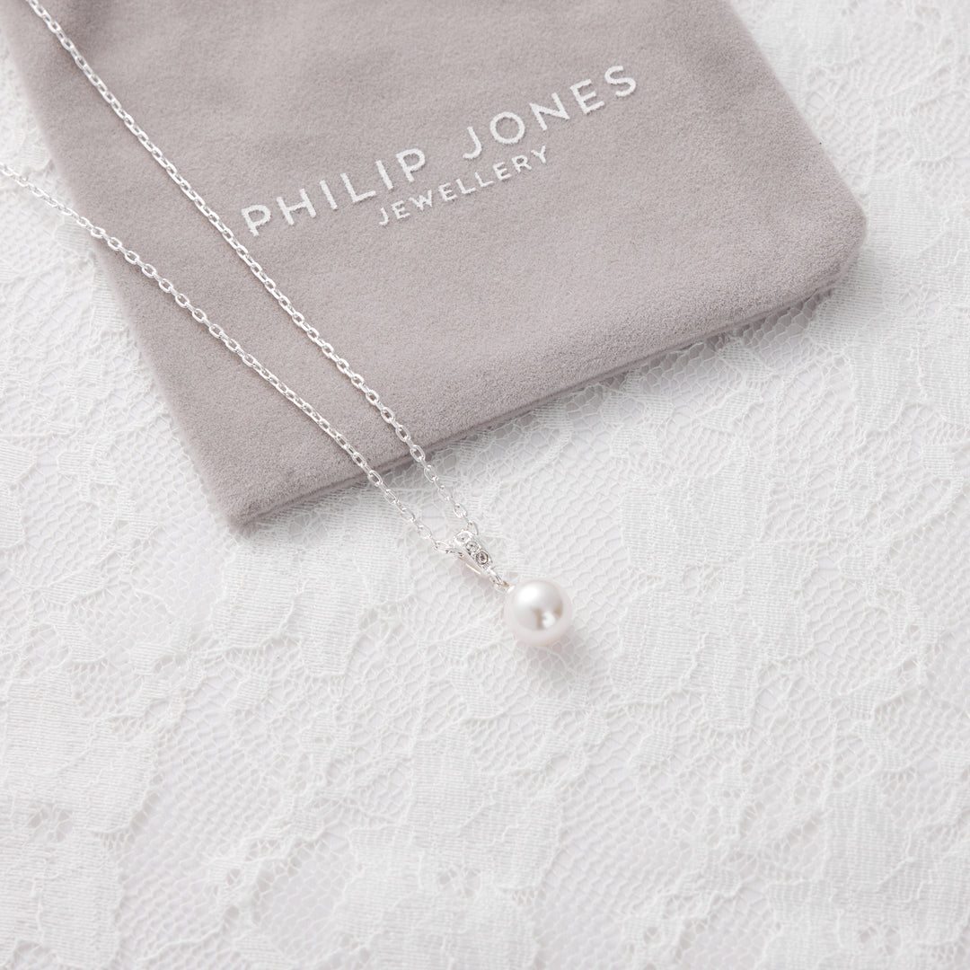 Silver Plated Pearl Drop Bridal Necklace Created with Zircondia® Crystals