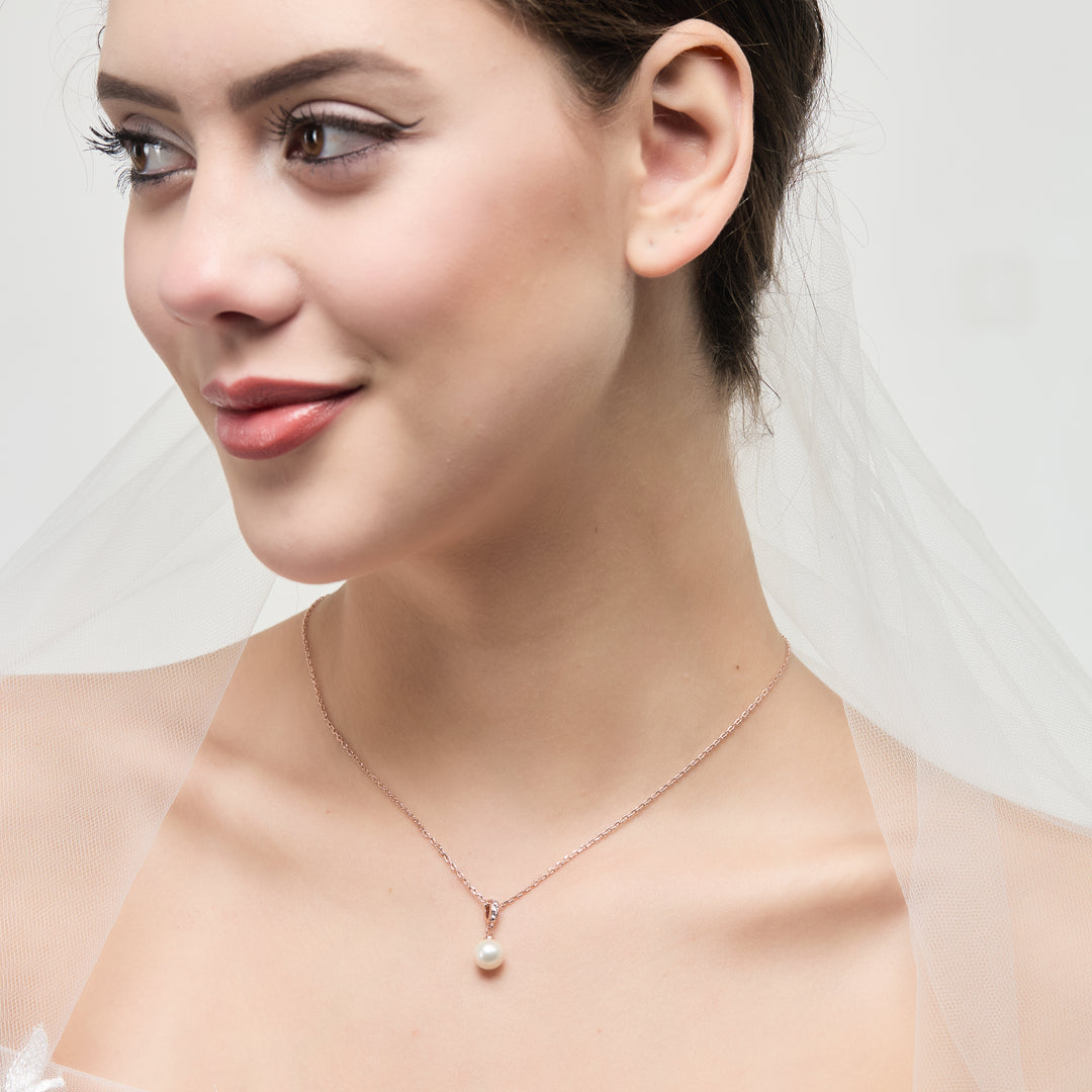 Rose Gold Plated Pearl Drop Bridal Necklace Created with Zircondia® Crystals