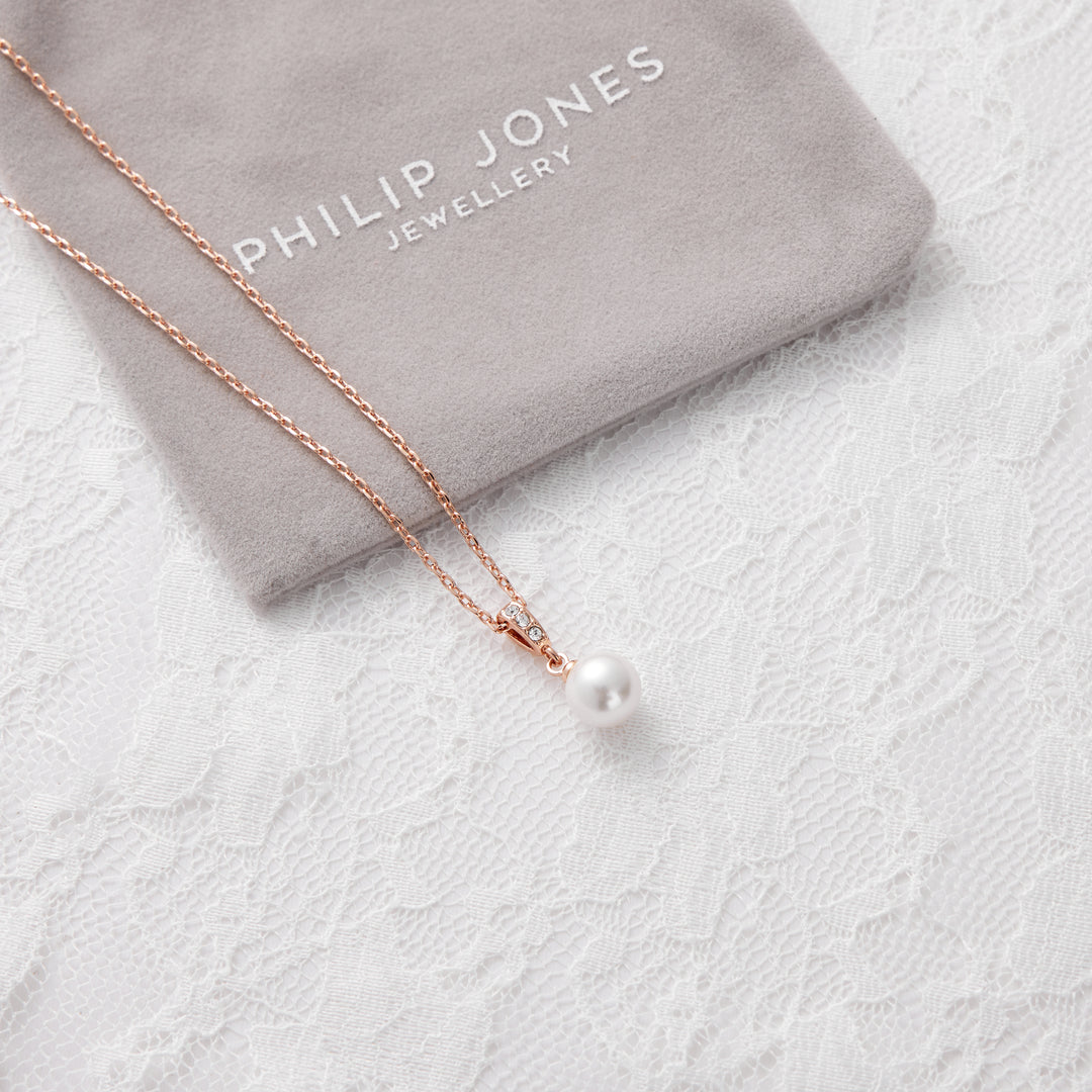 Rose Gold Plated Pearl Drop Bridal Necklace Created with Zircondia® Crystals