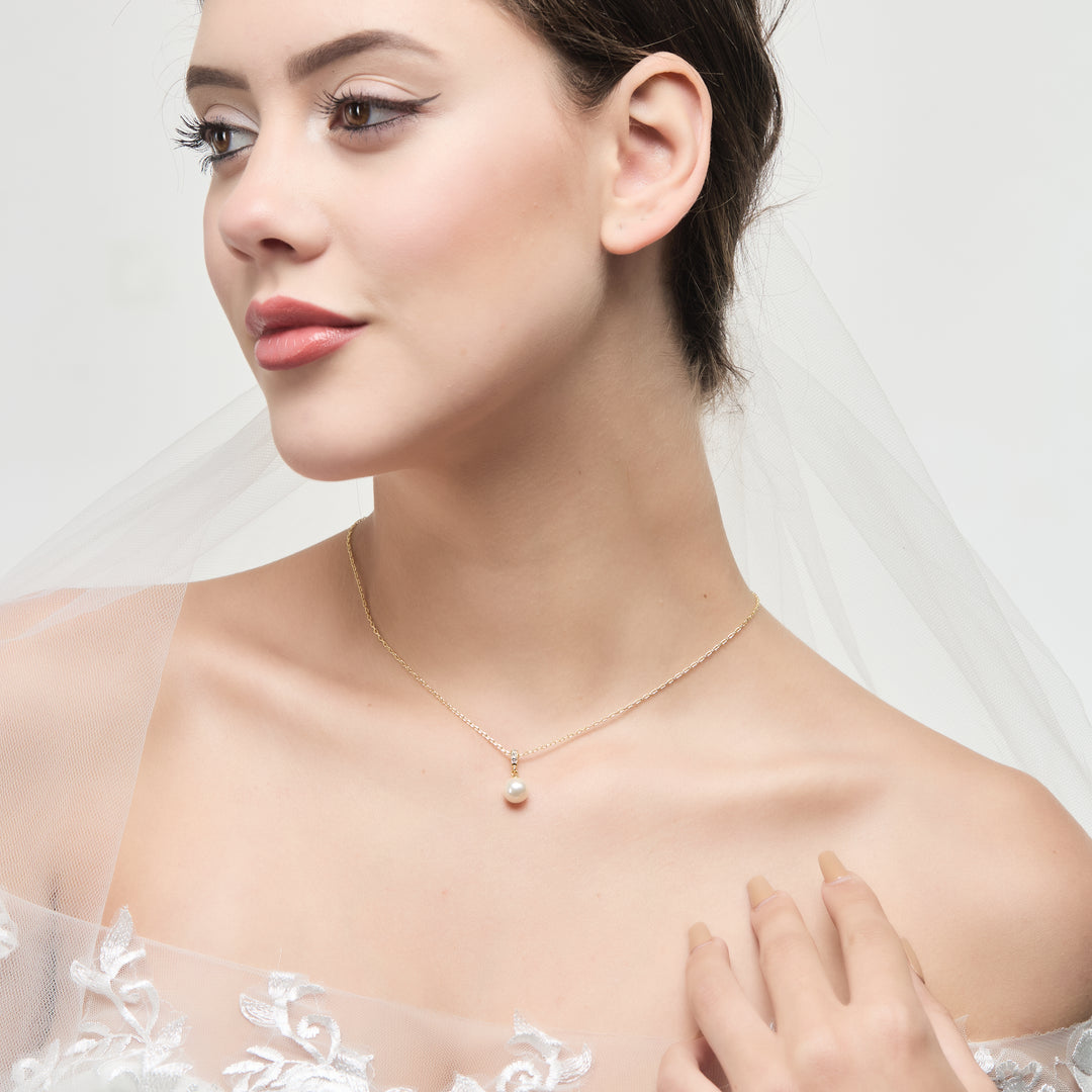 Gold Plated Pearl Drop Bridal Necklace Created with Zircondia® Crystals