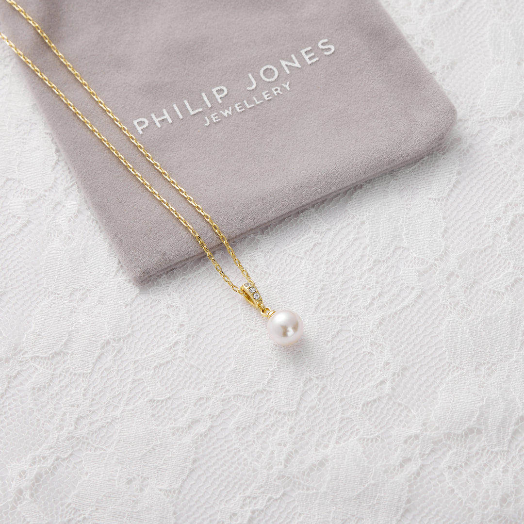 Gold Plated Pearl Drop Bridal Necklace Created with Zircondia® Crystals