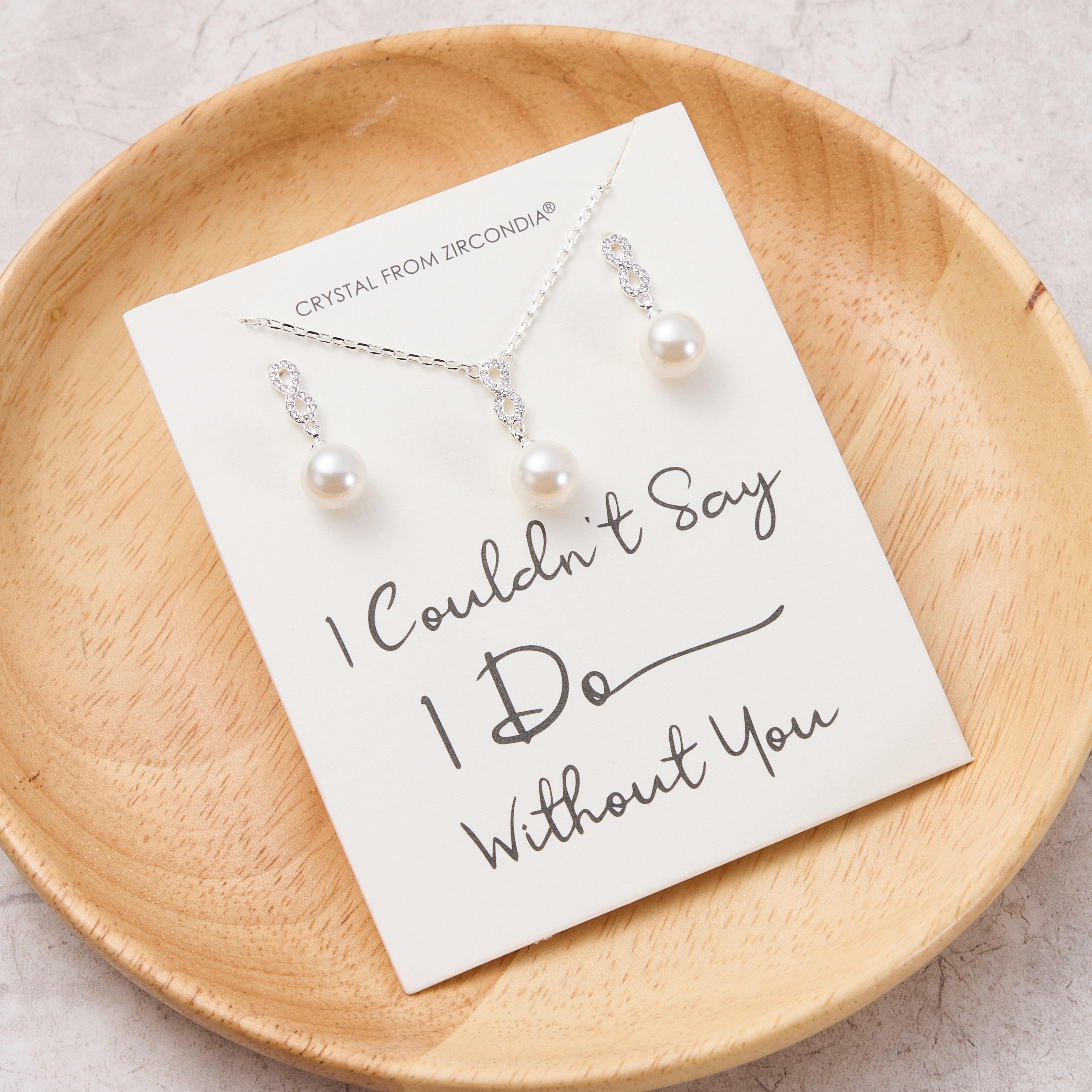 Silver Plated I Couldn't Say I Do Without You Infinity Pearl Drop Set with Zircondia® Crystals