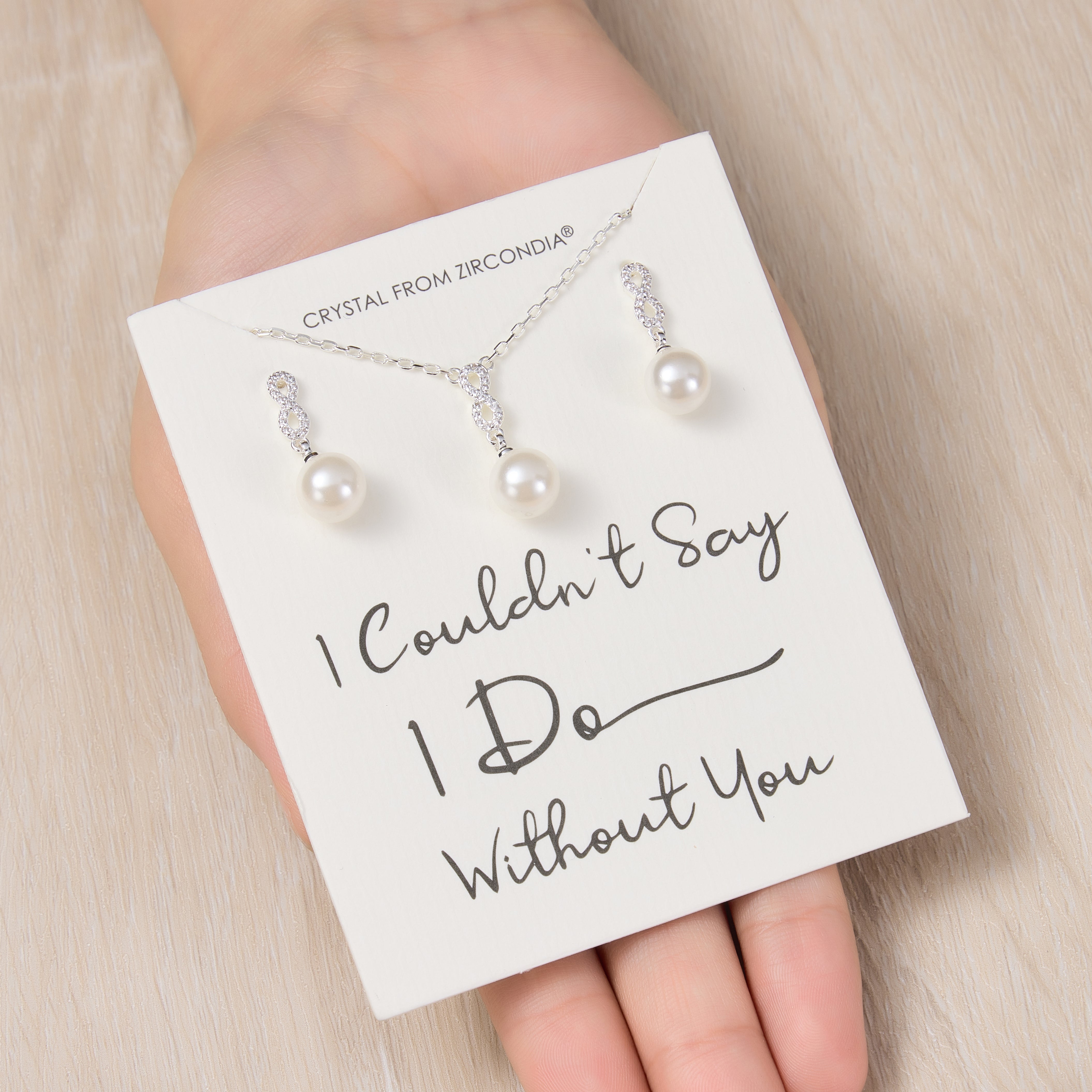 Silver Plated I Couldn't Say I Do Without You Infinity Pearl Drop Set with Zircondia® Crystals