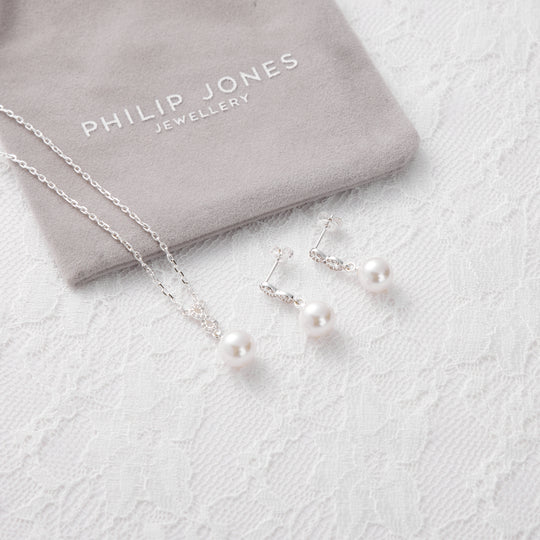 Silver Plated Infinity Pearl Drop Bridal Set Created with Zircondia® Crystals