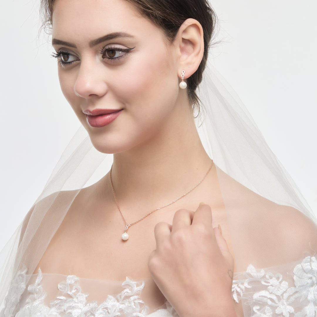Rose Gold Plated Infinity Pearl Drop Bridal Set Created with Zircondia® Crystals
