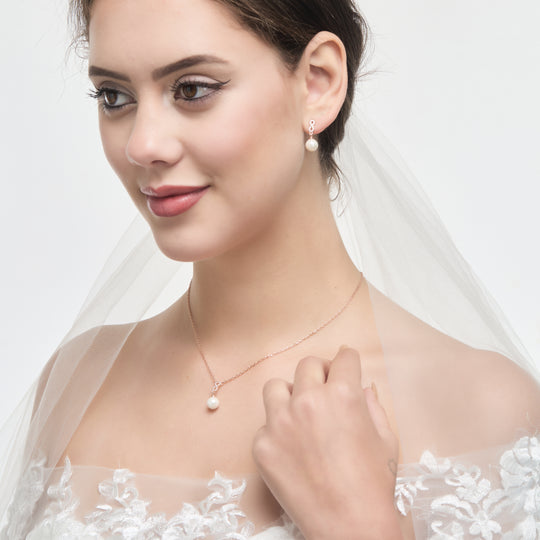 Rose Gold Plated Infinity Pearl Drop Bridal Set Created with Zircondia® Crystals