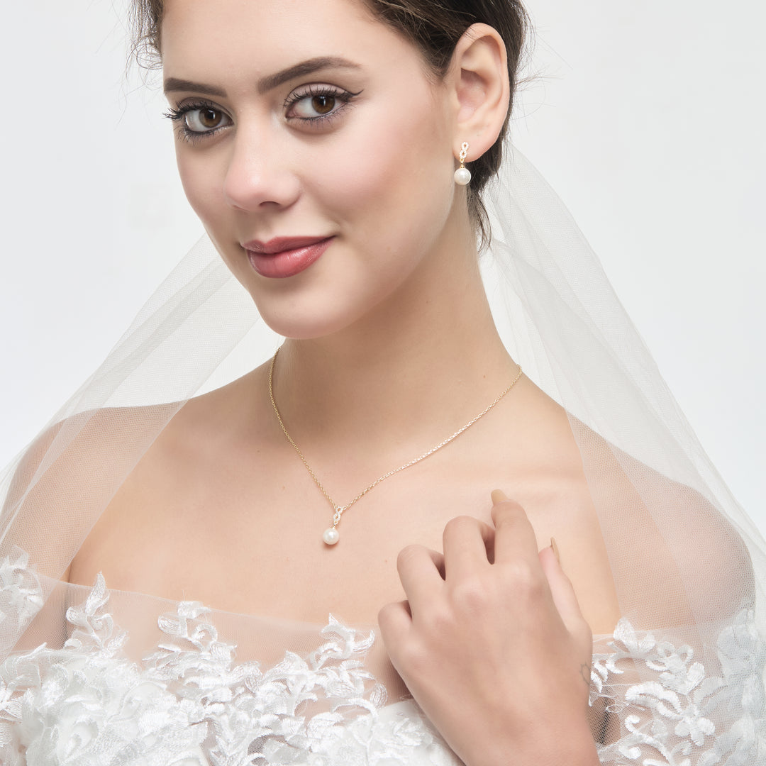 Gold Plated Infinity Pearl Drop Bridal Set Created with Zircondia® Crystals