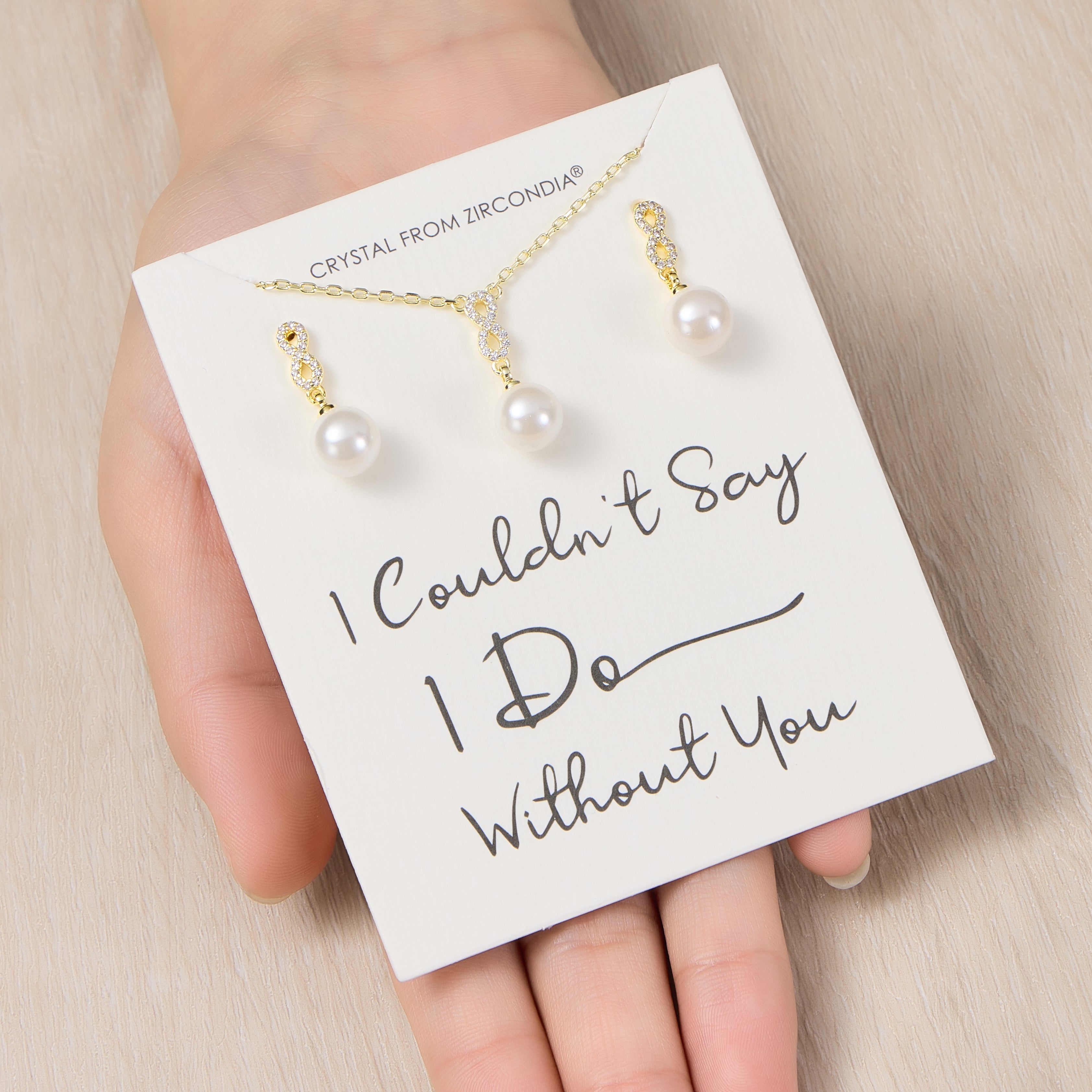 Gold Plated I Couldn't Say I Do Without You Infinity Pearl Drop Set with Zircondia® Crystals