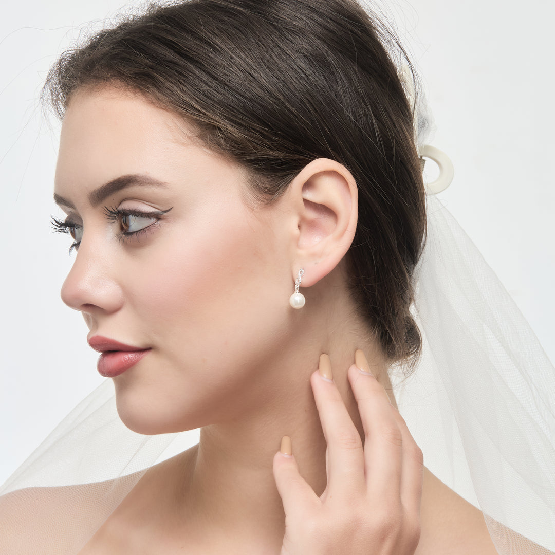 Silver Plated Infinity Pearl Drop Bridal Earrings Created with Zircondia® Crystals