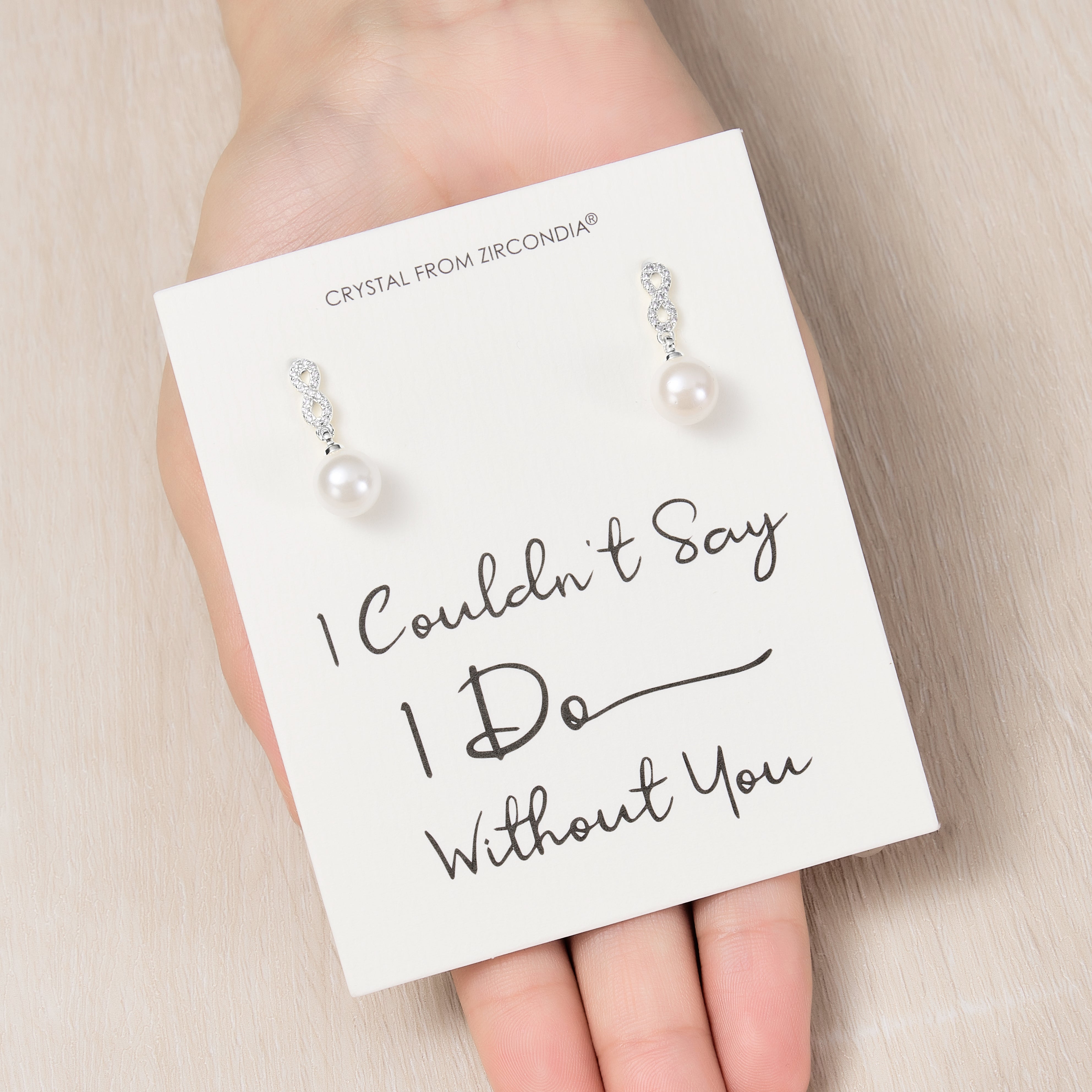 Silver Plated I Couldn't Say I Do Without You Infinity Pearl Drop Earrings with Zircondia® Crystals