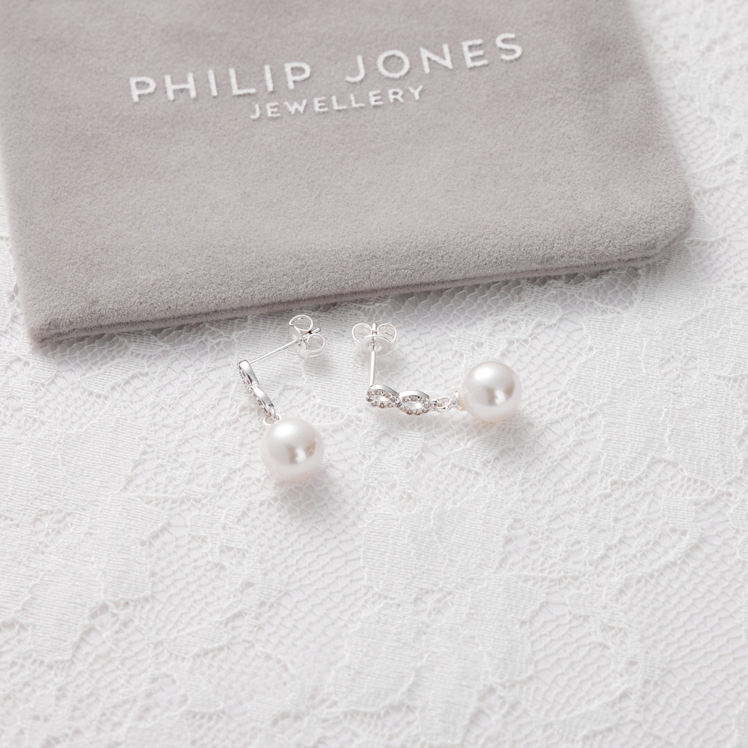 Silver Plated Infinity Pearl Drop Bridal Earrings Created with Zircondia® Crystals