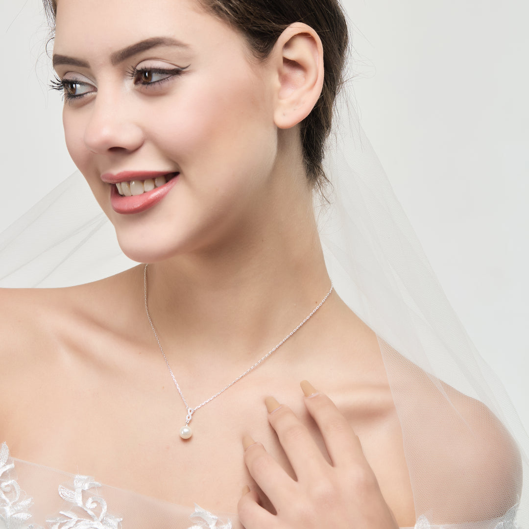 Silver Plated Infinity Pearl Drop Bridal Necklace Created with Zircondia® Crystals