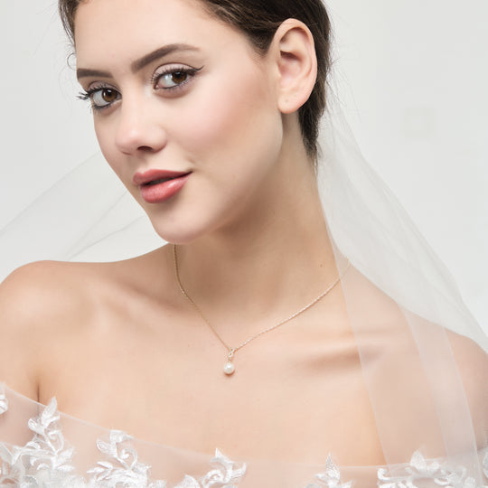 Gold Plated Infinity Pearl Drop Bridal Necklace Created with Zircondia® Crystals