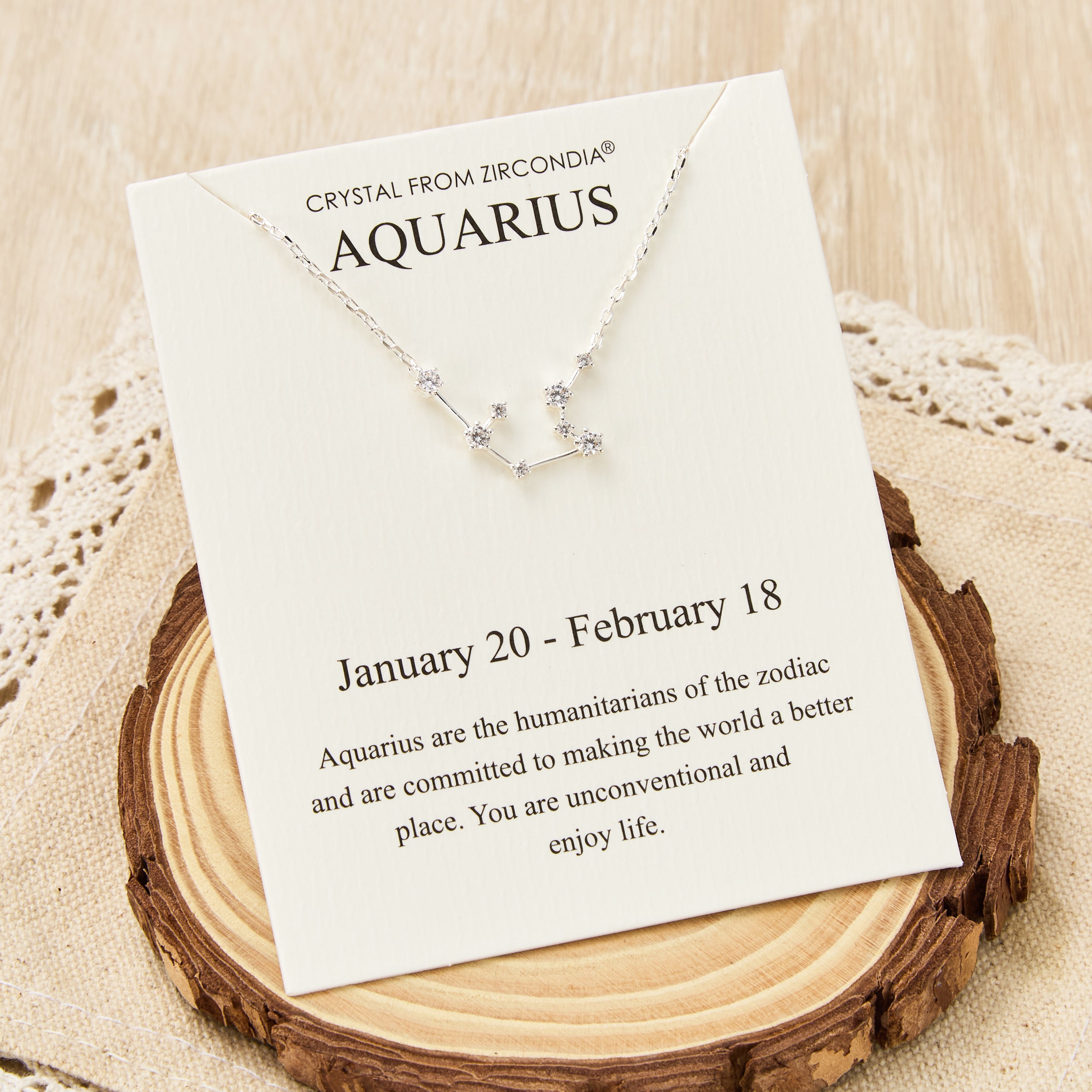 Aquarius Star Sign Zodiac Constellation Necklace and Quote Card with Zircondia® Crystals