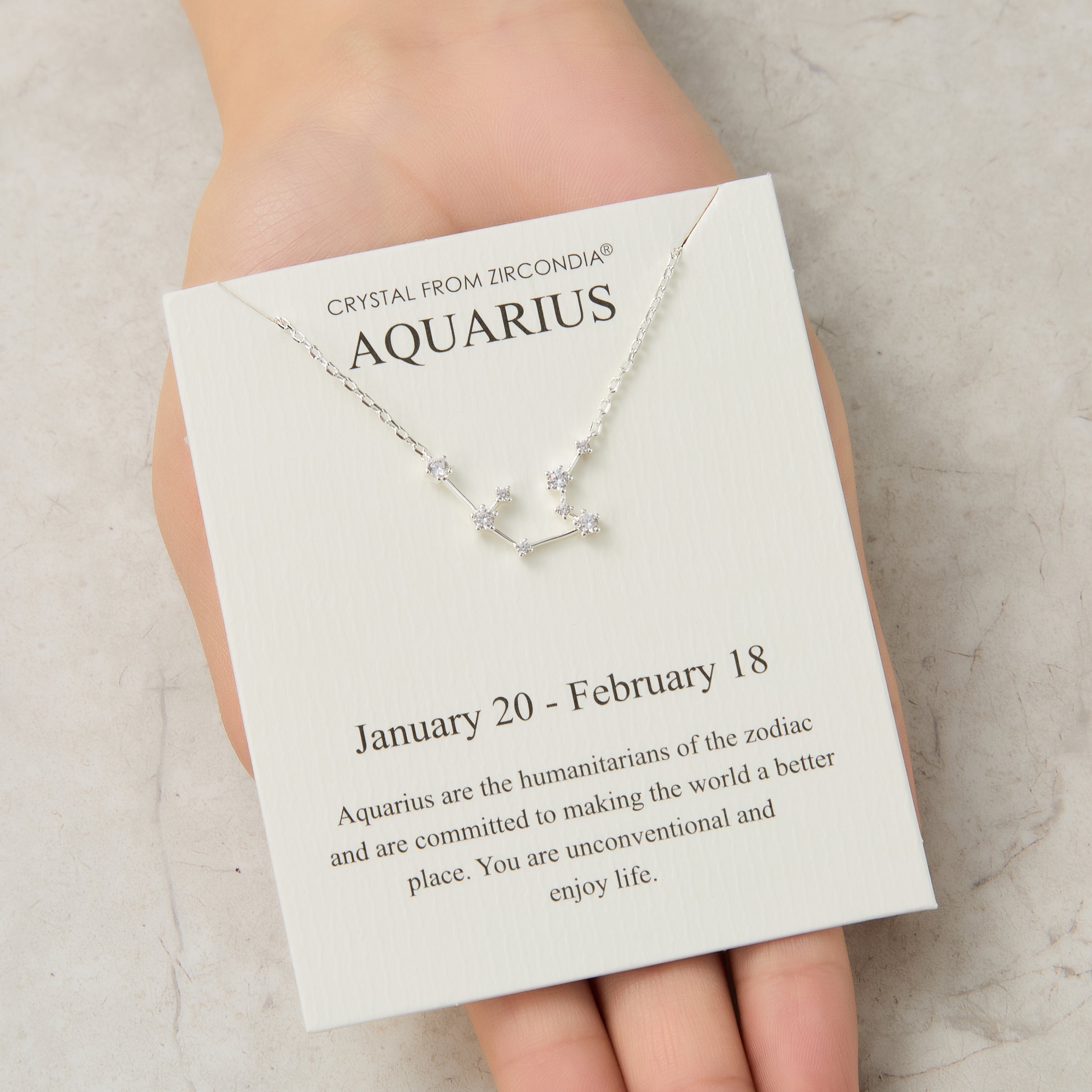 Aquarius Star Sign Zodiac Constellation Necklace and Quote Card with Zircondia® Crystals