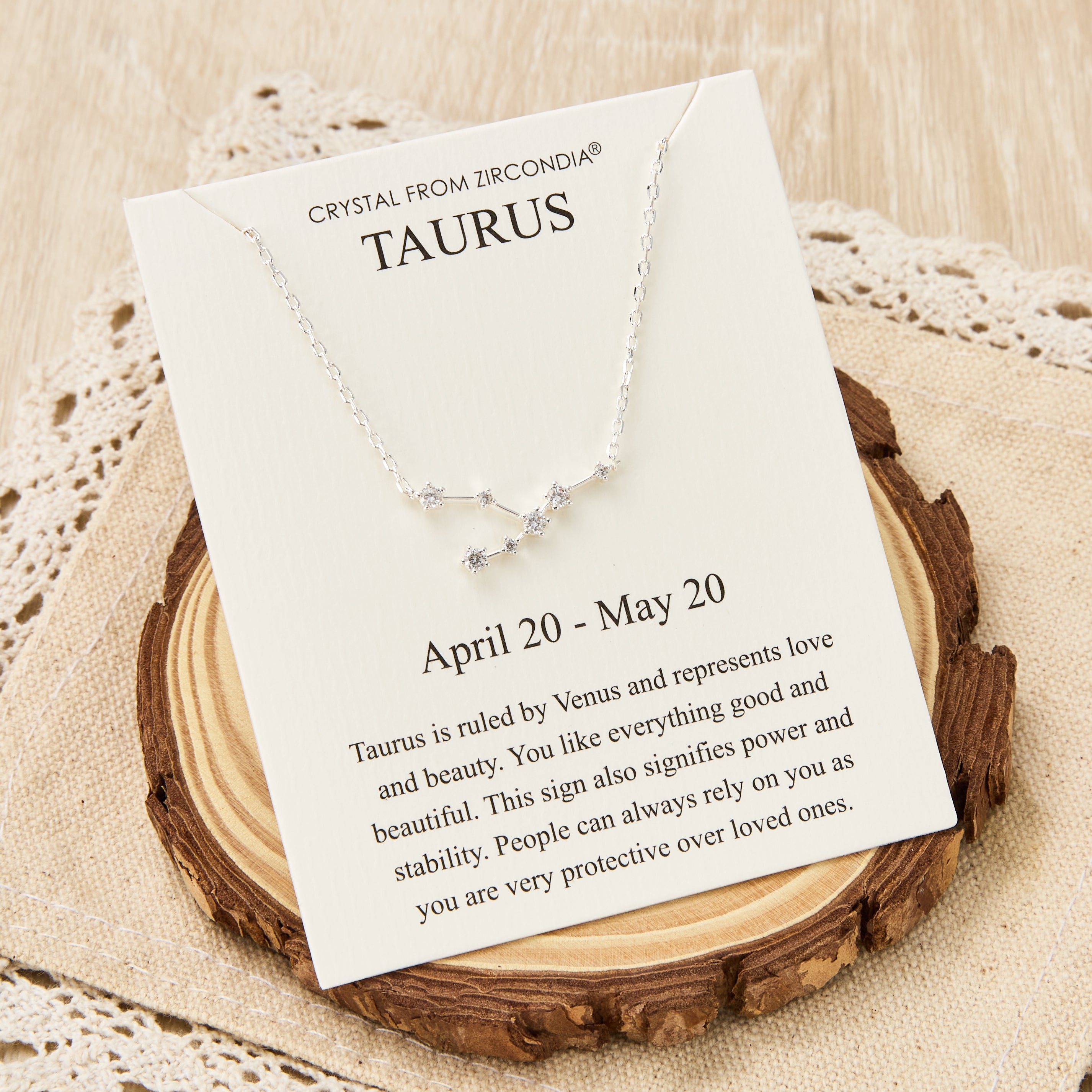 Taurus Star Sign Zodiac Constellation Necklace and Quote Card with Zircondia® Crystals