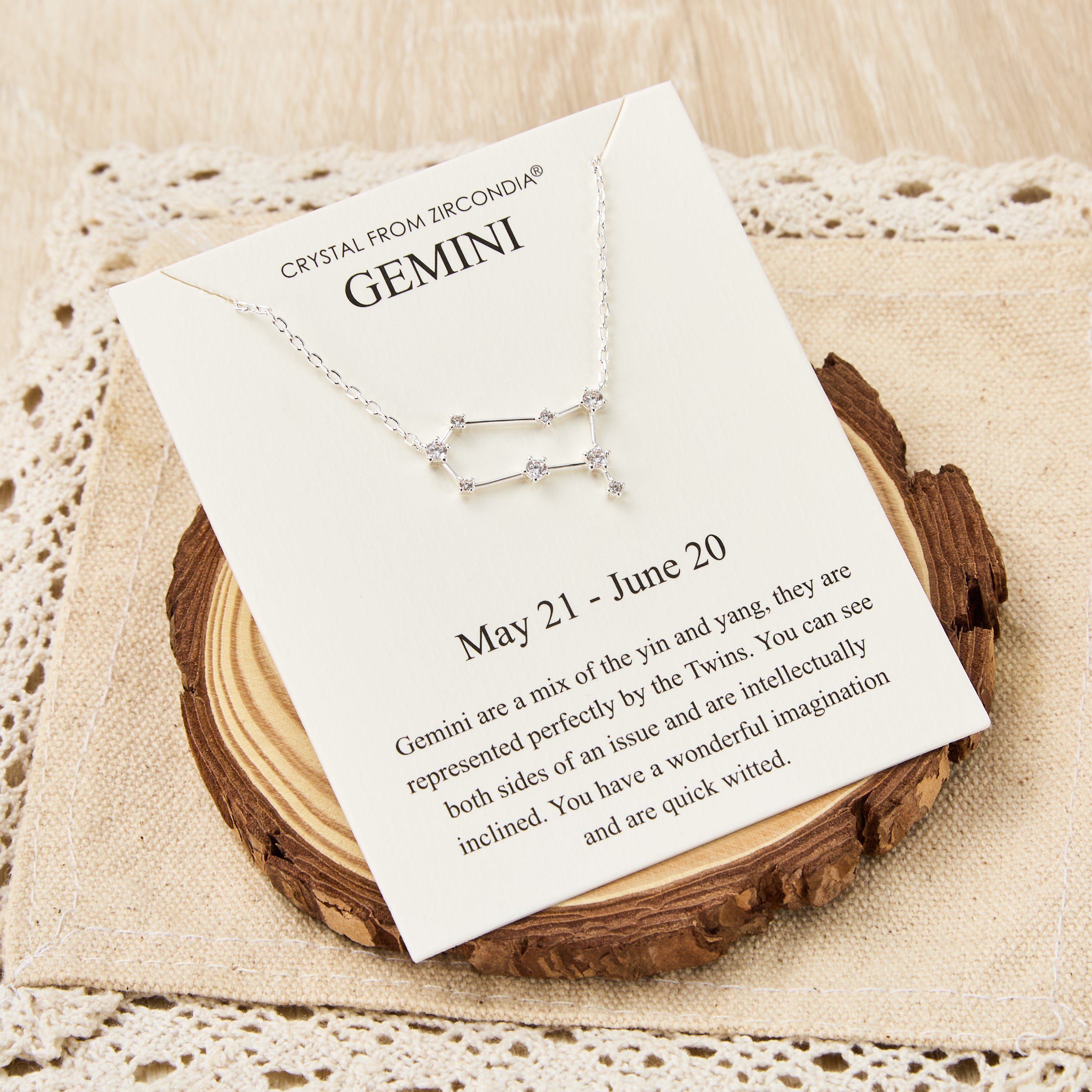 Gemini Star Sign Zodiac Constellation Necklace and Quote Card with Zircondia® Crystals