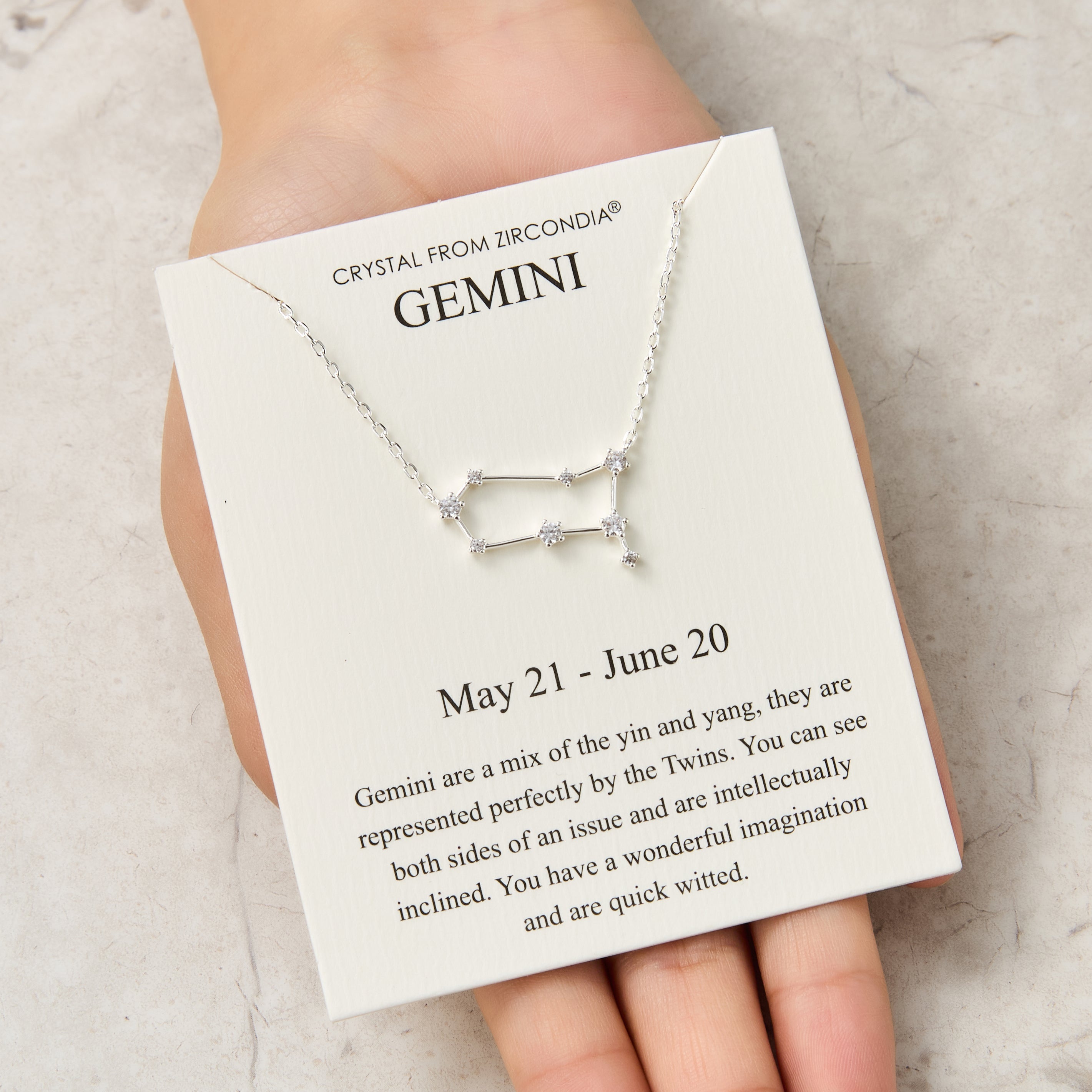 Gemini Star Sign Zodiac Constellation Necklace and Quote Card with Zircondia® Crystals