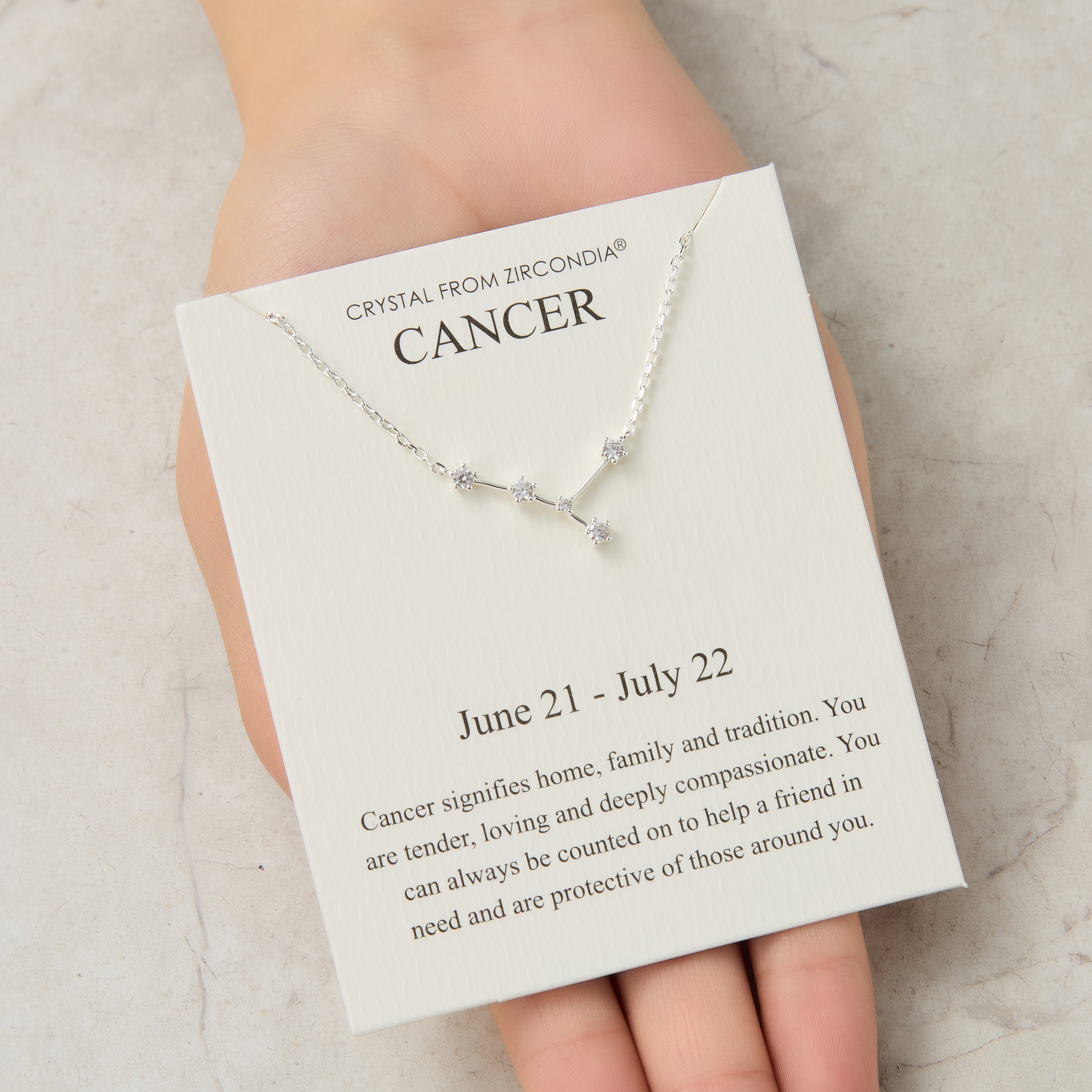 Cancer Star Sign Zodiac Constellation Necklace and Quote Card with Zircondia® Crystals