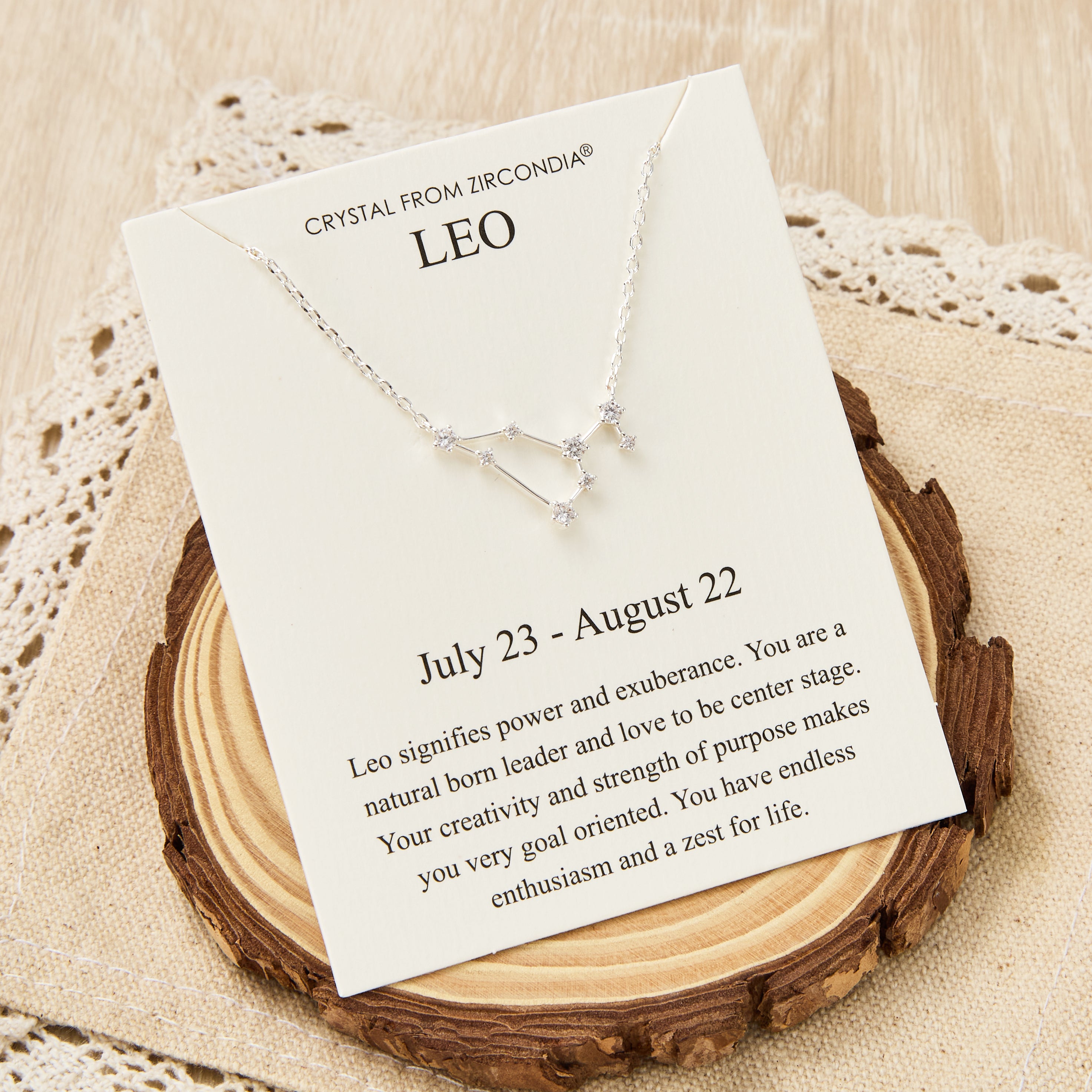 Leo Star Sign Zodiac Constellation Necklace and Quote Card with Zircondia® Crystals