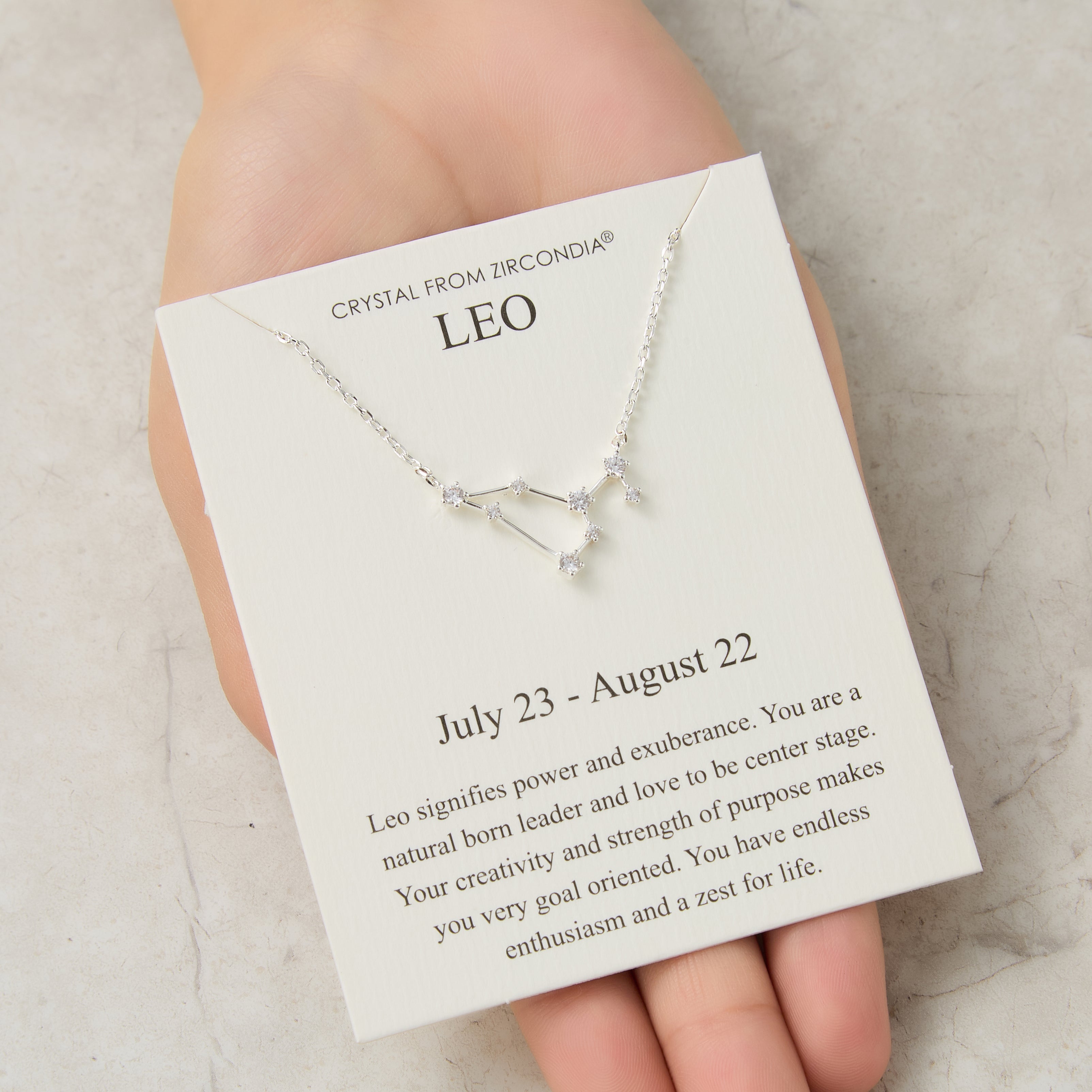 Leo Star Sign Zodiac Constellation Necklace and Quote Card with Zircondia® Crystals