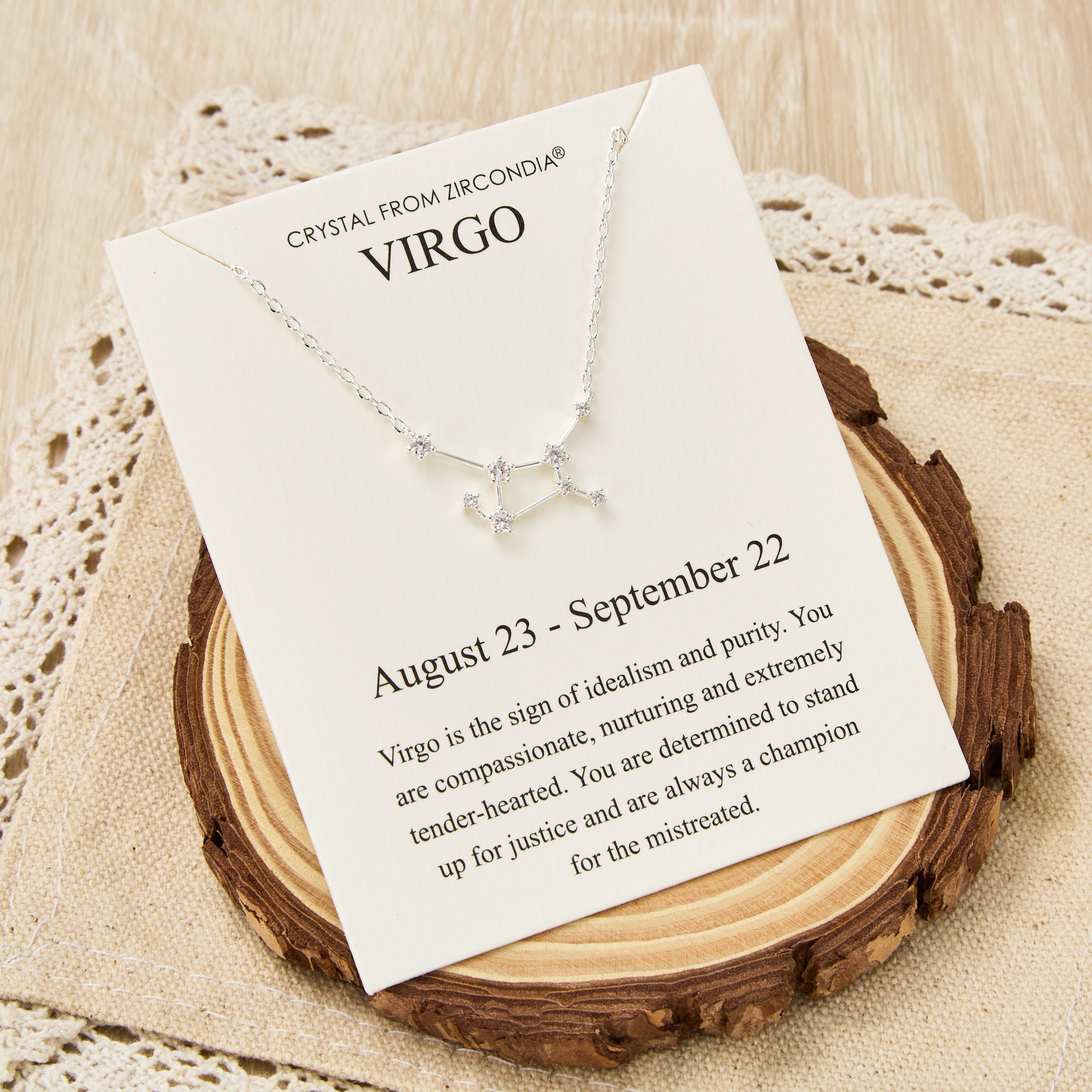 Virgo Star Sign Zodiac Constellation Necklace and Quote Card with Zircondia® Crystals