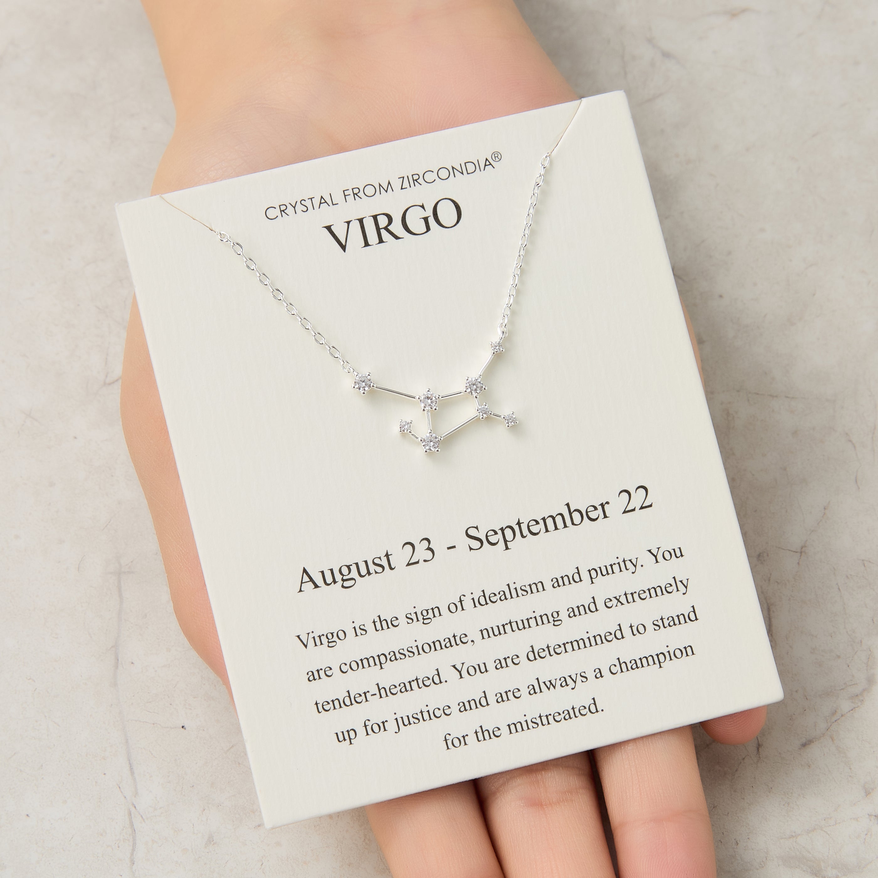 Virgo Star Sign Zodiac Constellation Necklace and Quote Card with Zircondia® Crystals