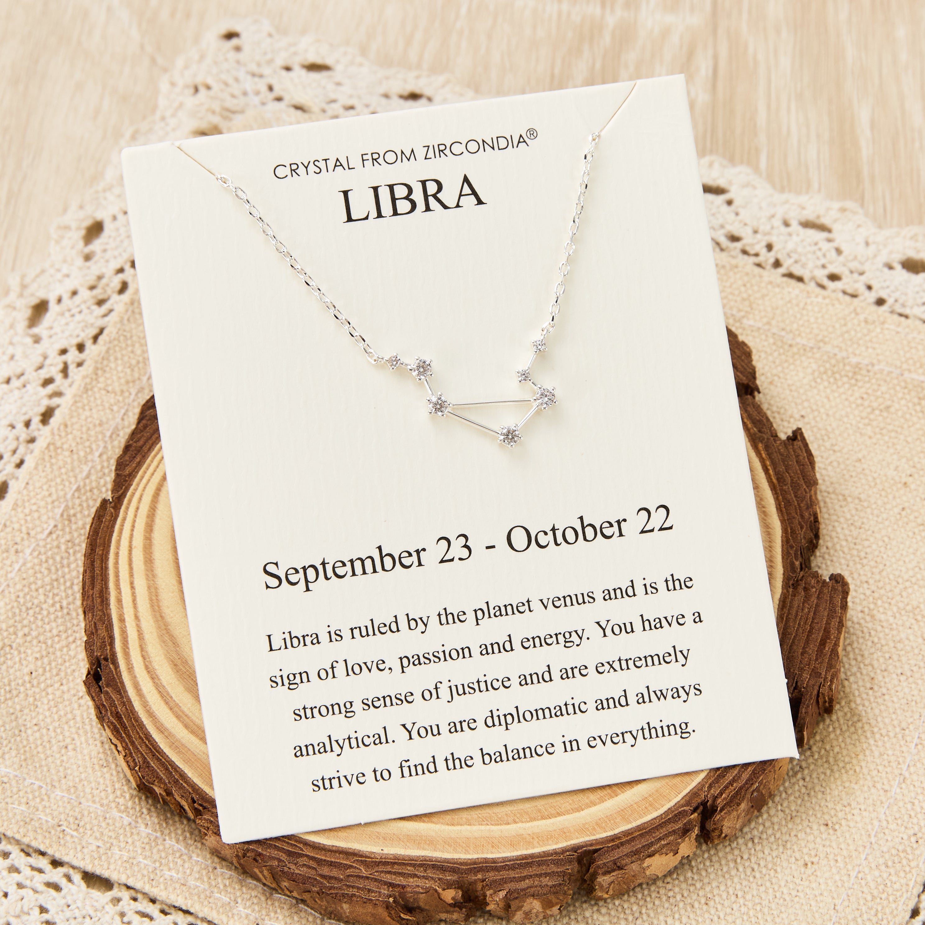 Libra Star Sign Zodiac Constellation Necklace and Quote Card with Zircondia® Crystals