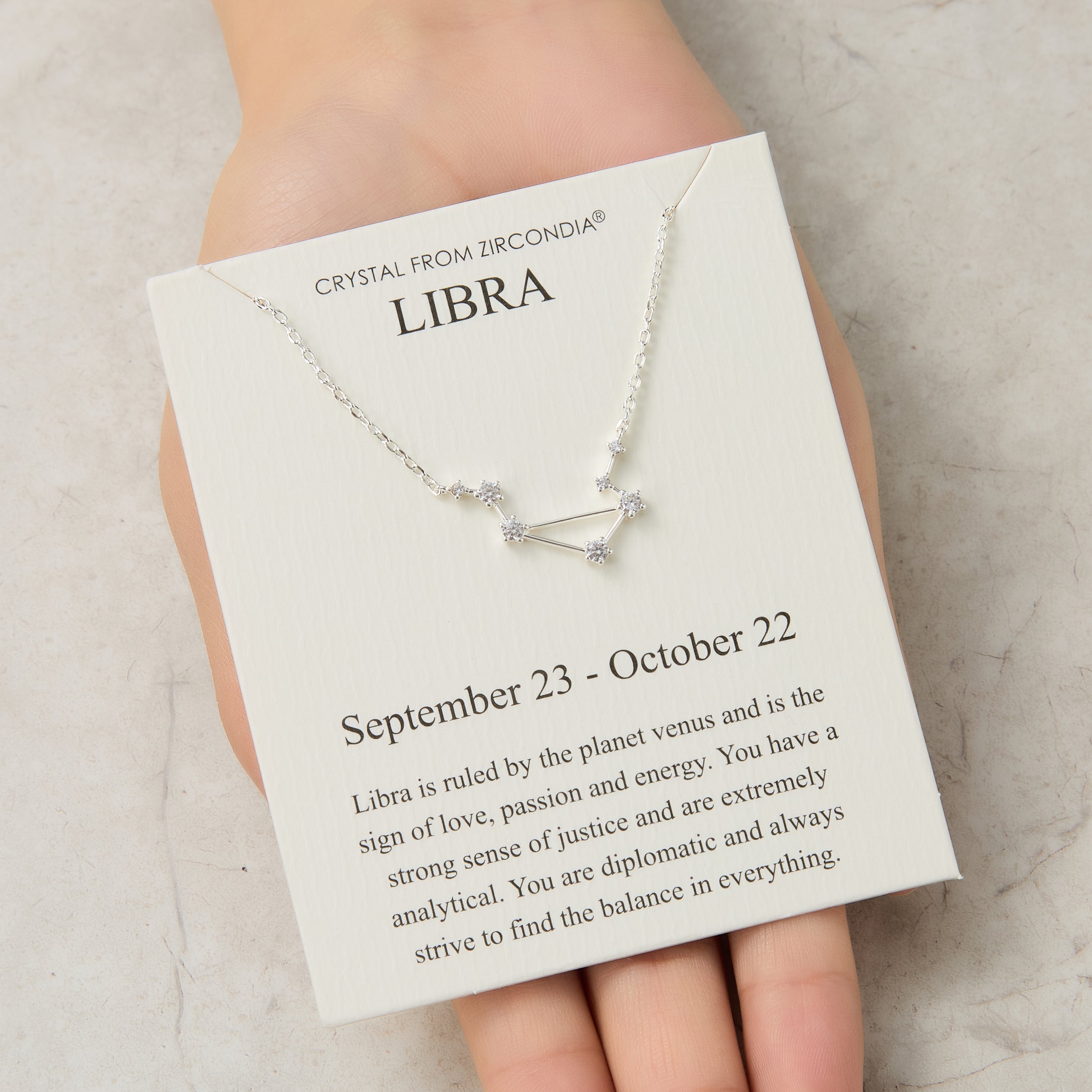 Libra Star Sign Zodiac Constellation Necklace and Quote Card with Zircondia® Crystals