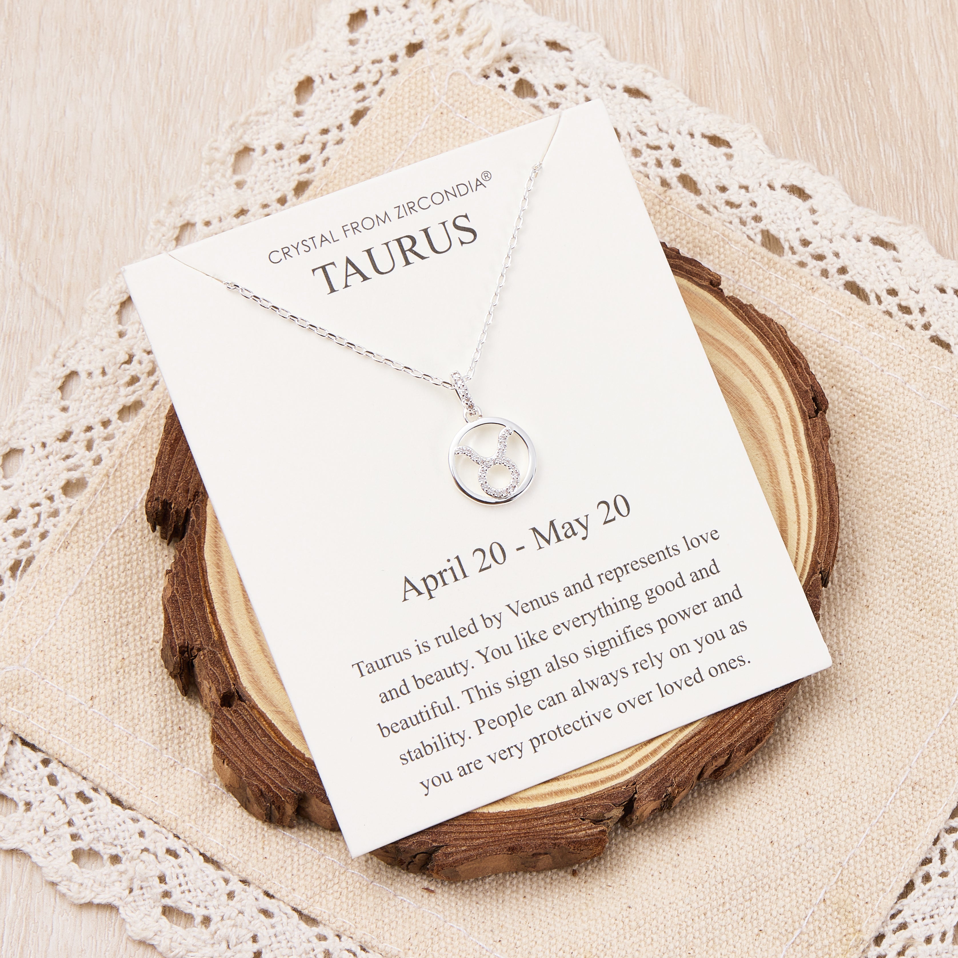 Taurus Star Sign Zodiac Necklace and Quote Card with Zircondia® Crystals